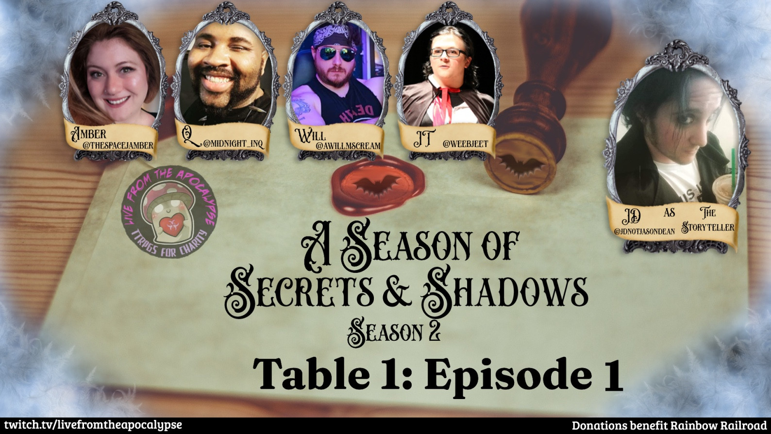 Promo for Table One of A Season of Secrets and Shadows, Season 2, technically Episode 1. It has an envelope with a wax seal, as well as the LFTA Haz logo. There are pictures of the four cast members, as well as the storyteller.