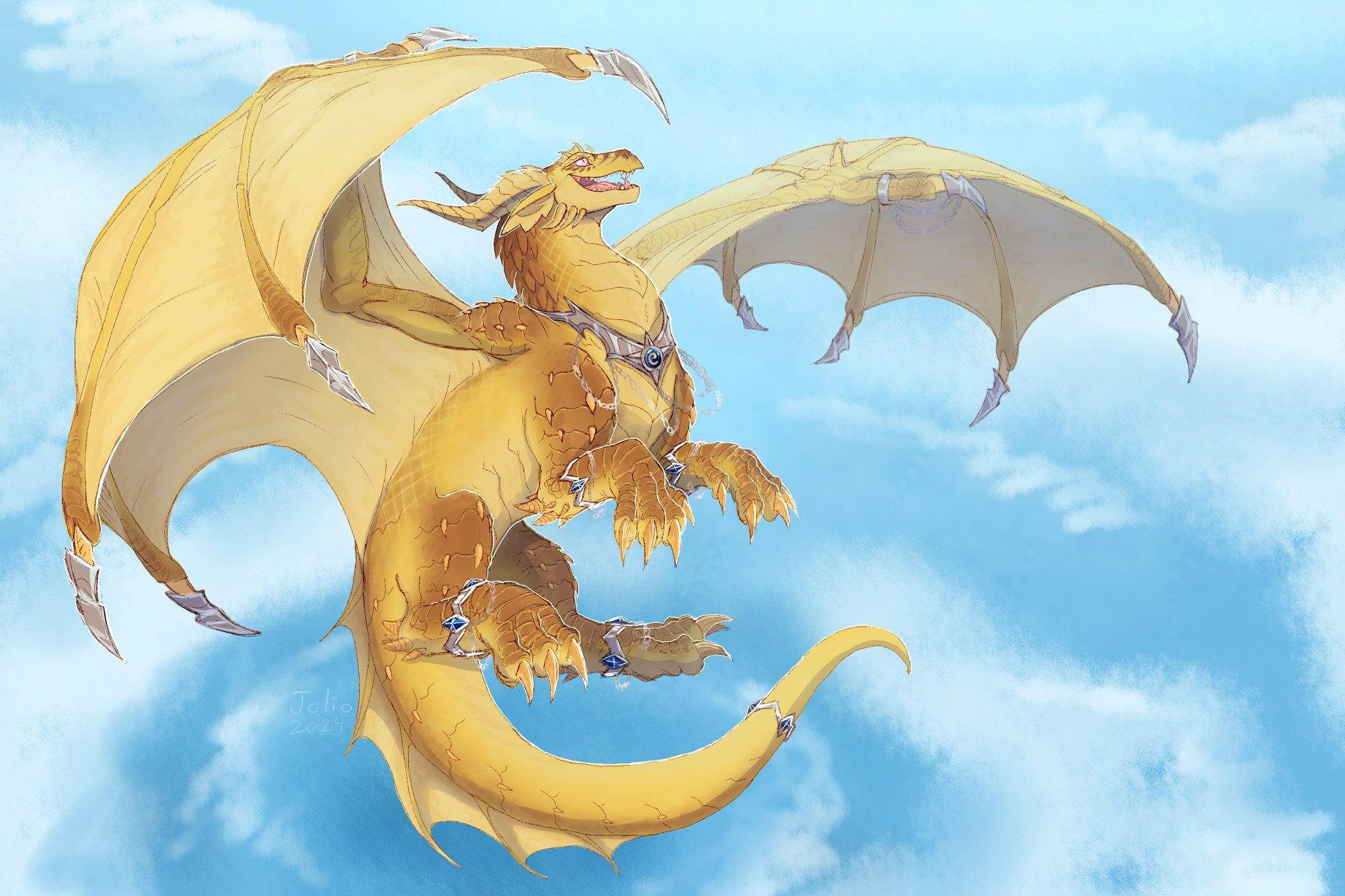 A yellow dragon flying upwards into a bright blue sky, white clouds circling around them. They have long horns and pink eyes and their mouth is open, happy. Silver jewelry with chains cover their tail, arms and legs, wings, and their neck. The neck piece has a blue hearthstone logo on it. 