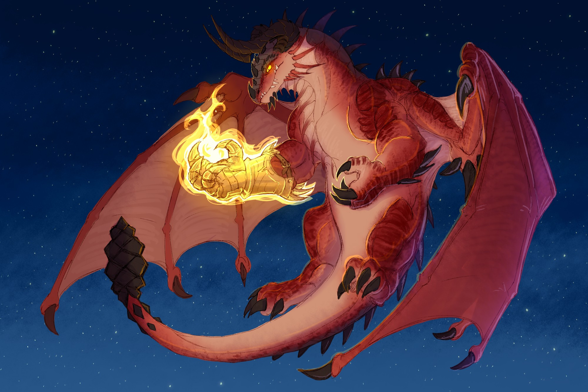 A red dragon flys upward in the star-filled night sky, bright yellow eyes looking down into it's right claw, which is covered in a gold metal gauntlet. Bright yellow fire magic surrounds the hand, contrasting with the dark blue sky. 