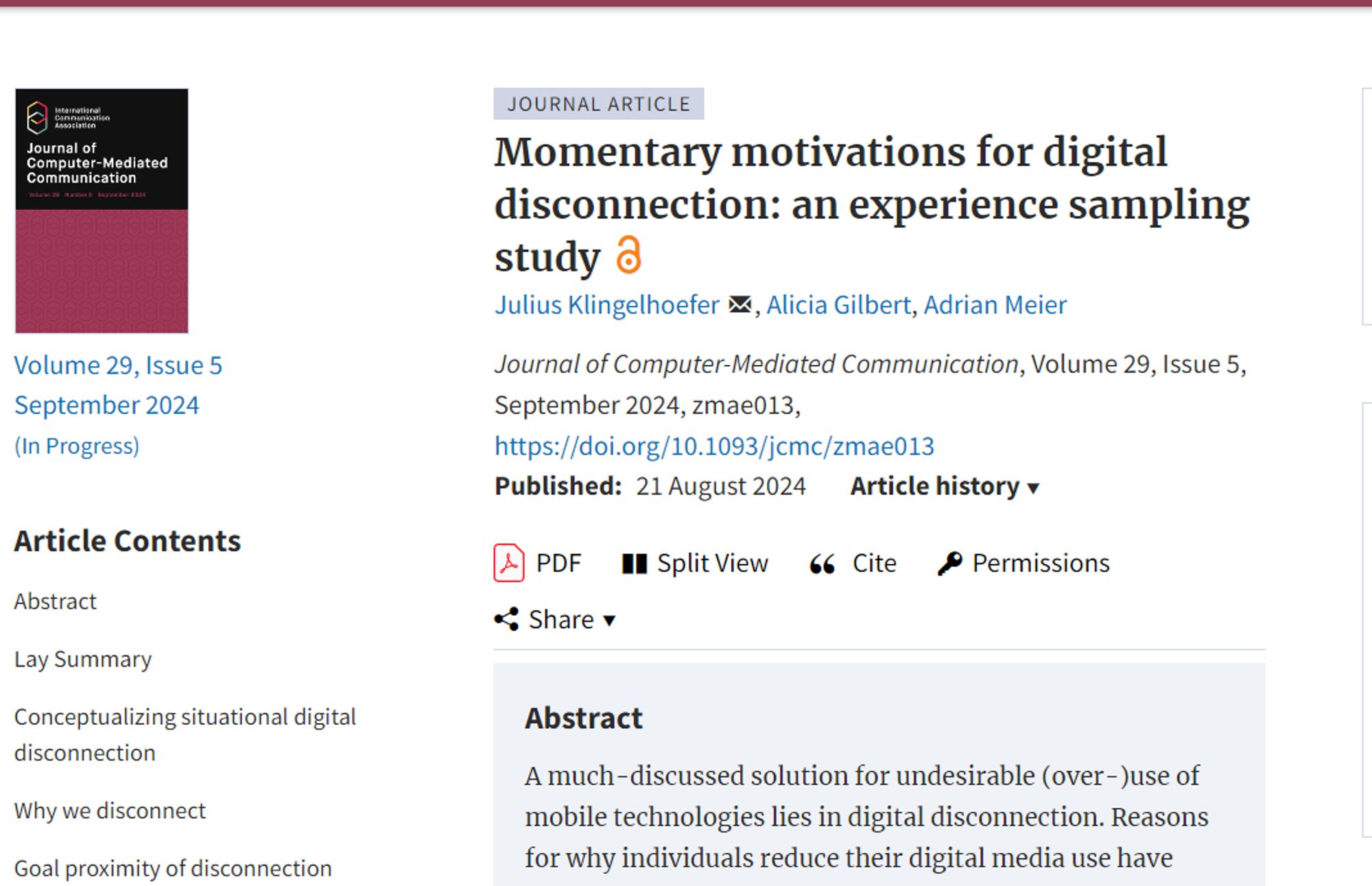 Screenshot from the article momentary motivations for digital disconnection authored by myself, Alicia Gilbert, and Adrian Meier from the Website of the Journal of Computer Mediated Communication