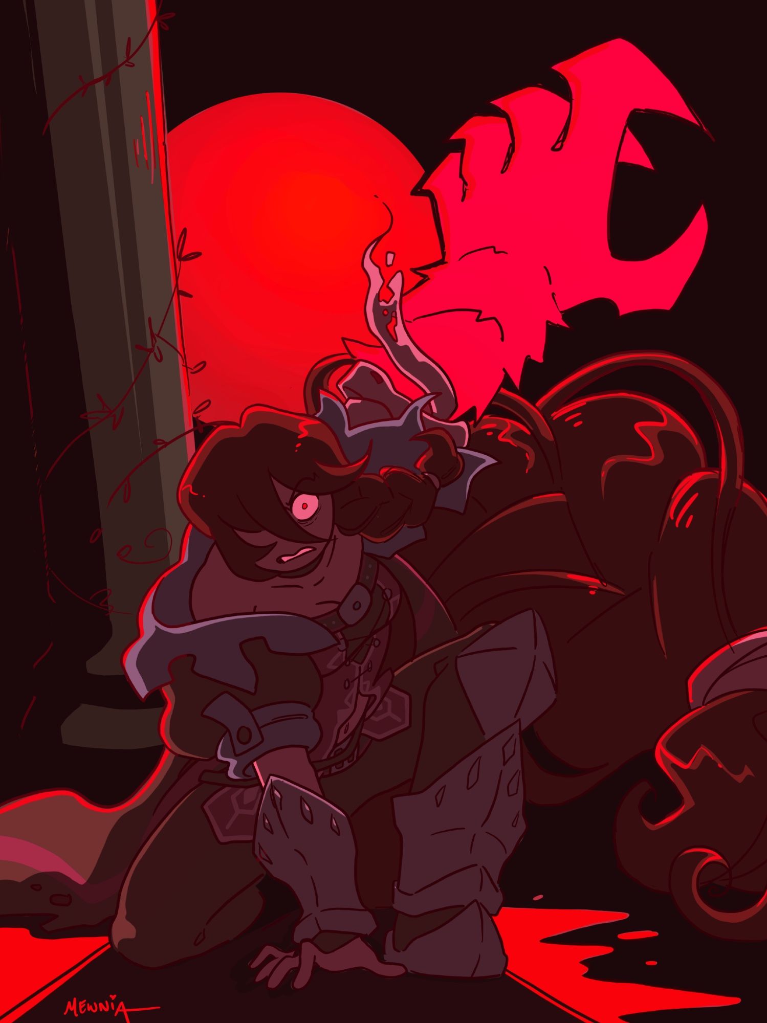 Velvet Crowe from Tales of Berseria crouched down in a feral position as if she’s about to launch at you, backlit by the Blood Red Moon, staring angrily into your soul