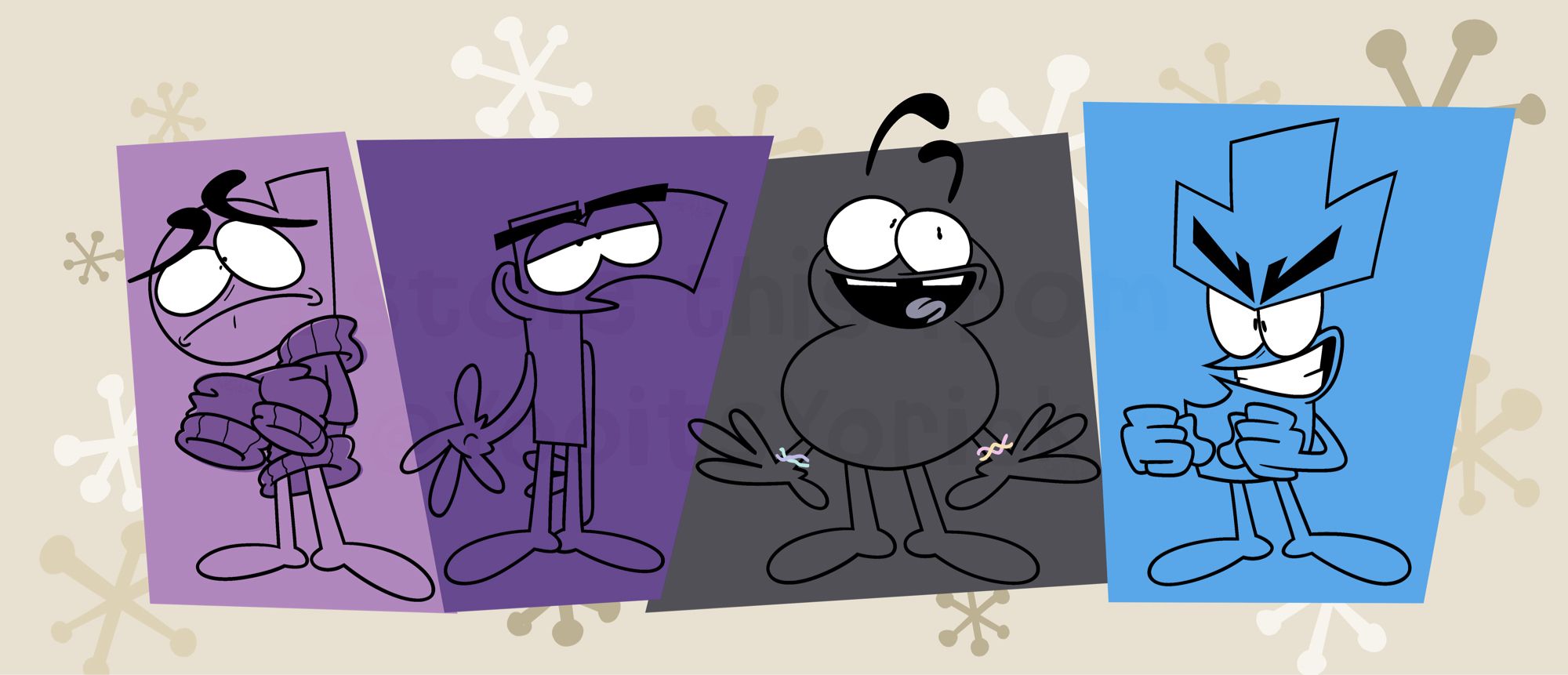 A drawing of the characters Q, R, S and T from the show Problems and Solutions