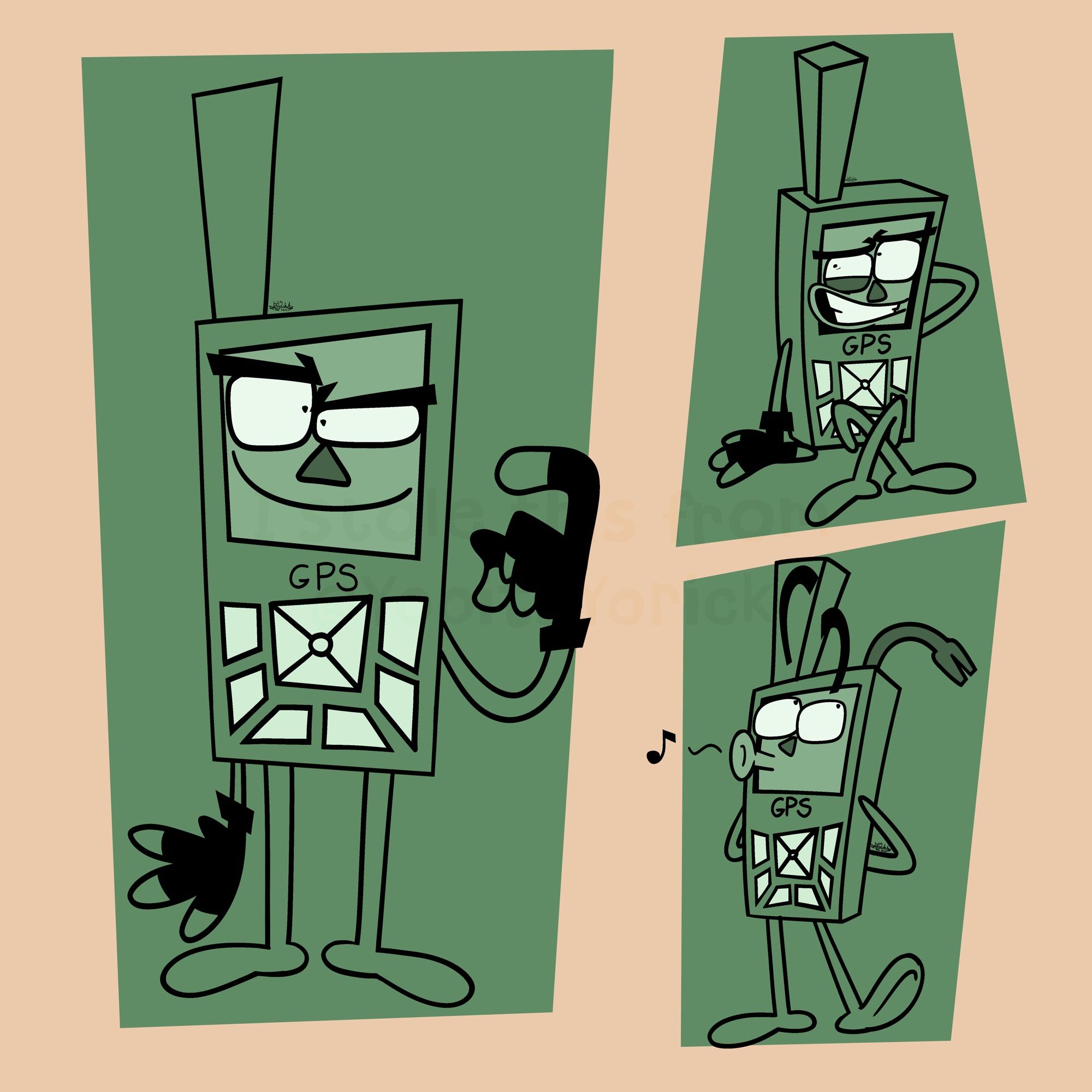 Three drawings of the character GPS from The Nightly Manor. In one of the drawings, they are badly hiding a crowbar and whistling.