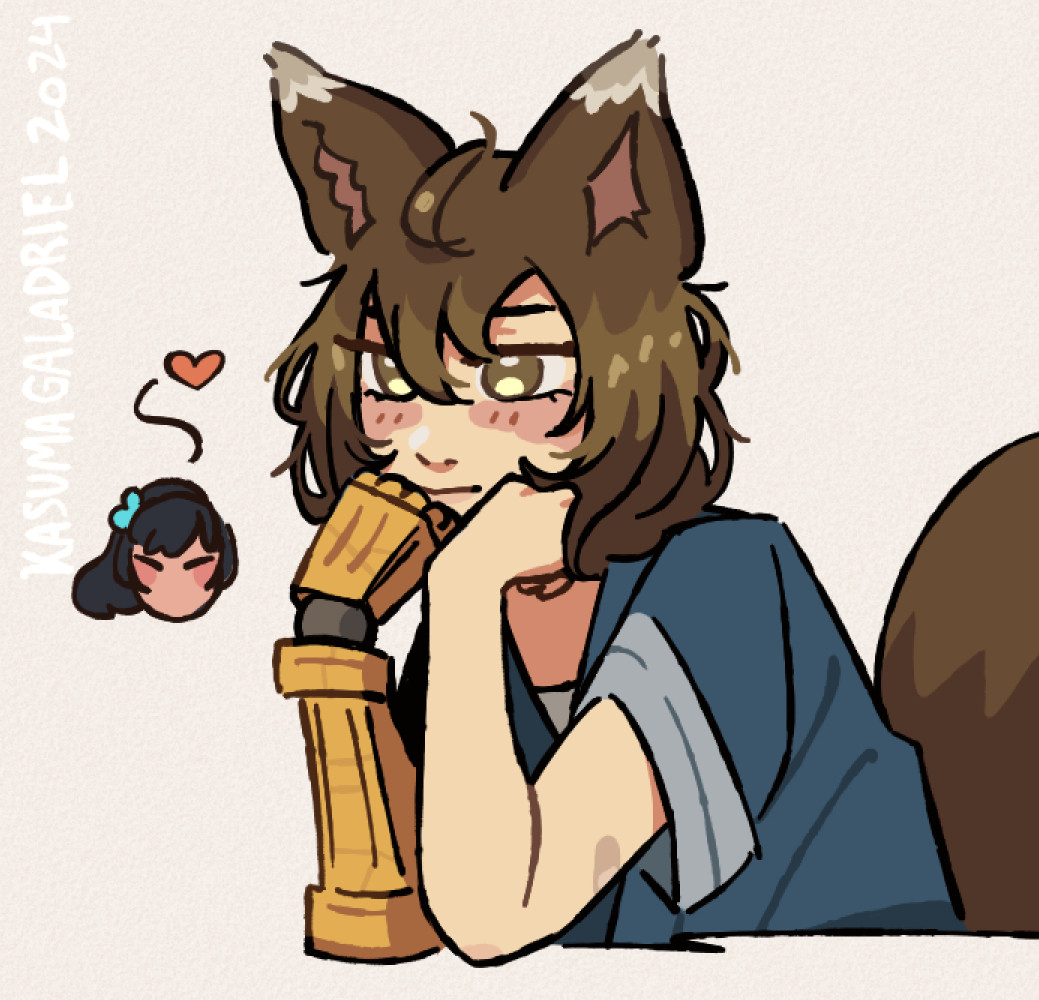 A brown fox girl with a mech golden arm in love with her girlfriend.