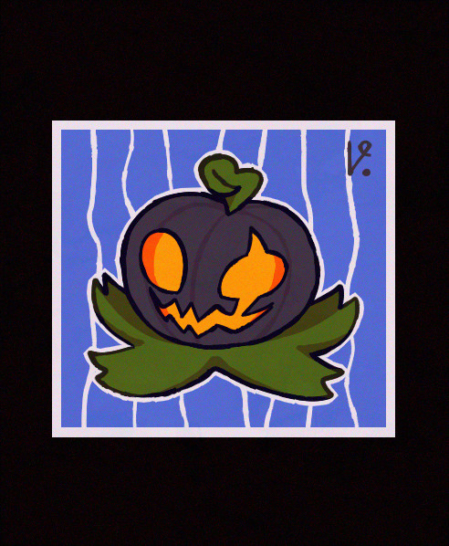 a little happy black pumpkin head with an orange smile and scar on the eye.