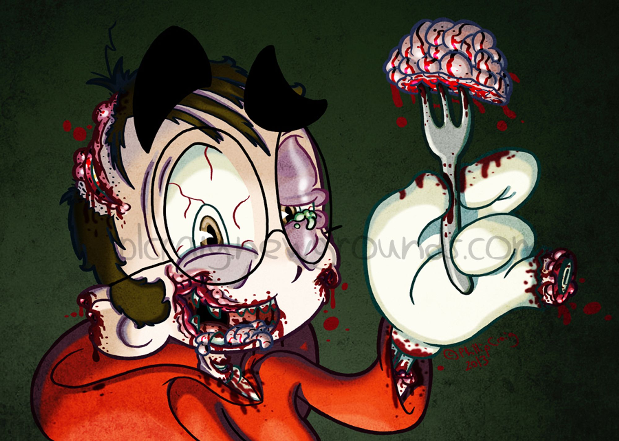 Bust shot of a Zombie version of toon me with bloody, gaping gashes on my head, including one around my mouth that makes a grody curled smile. I hold up a bloody chunk of brains on a fork.