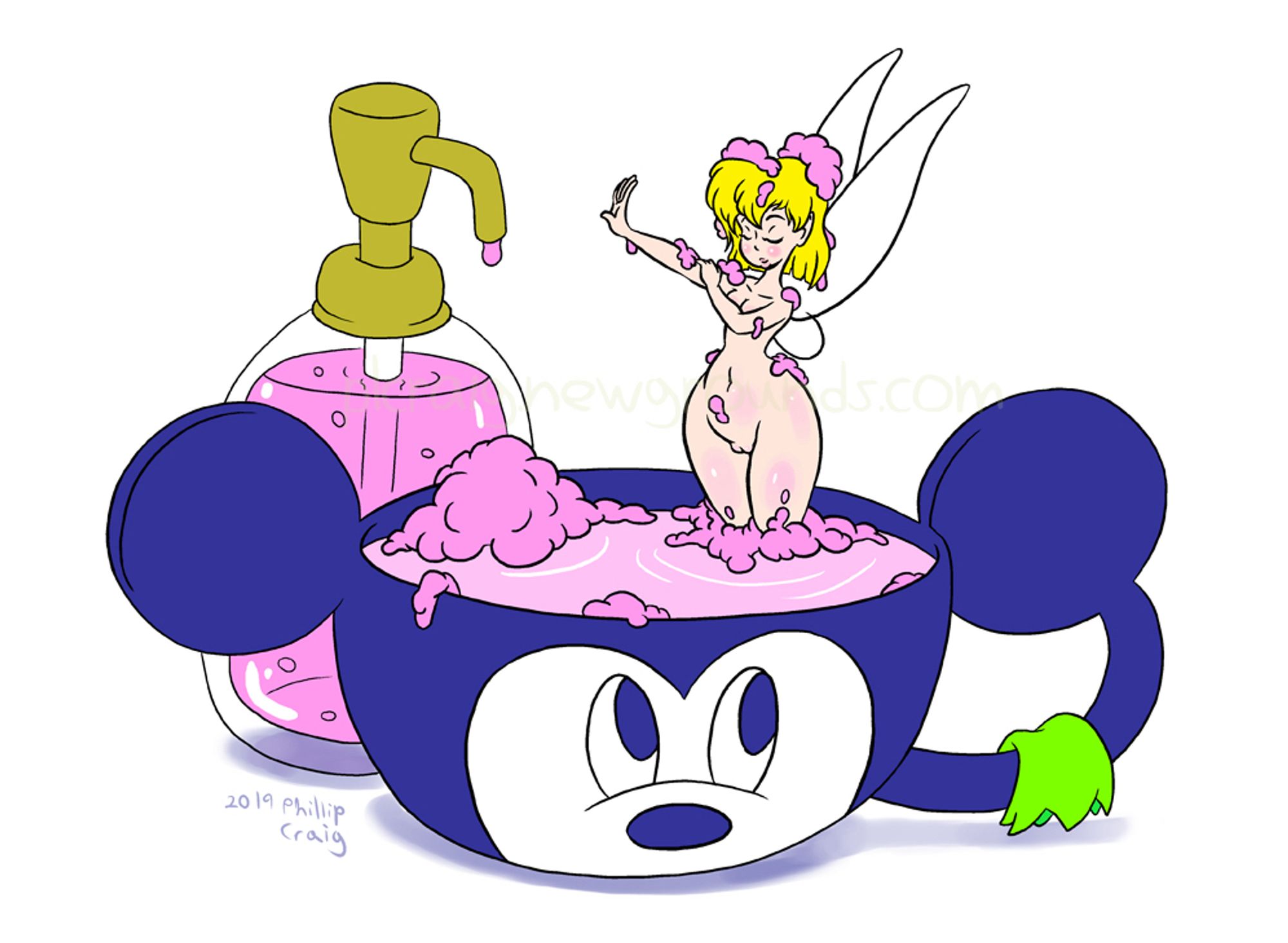 Tinker Bell standing nude and washing herself in a Mickey Mouse mug filled with sudsy pink water.