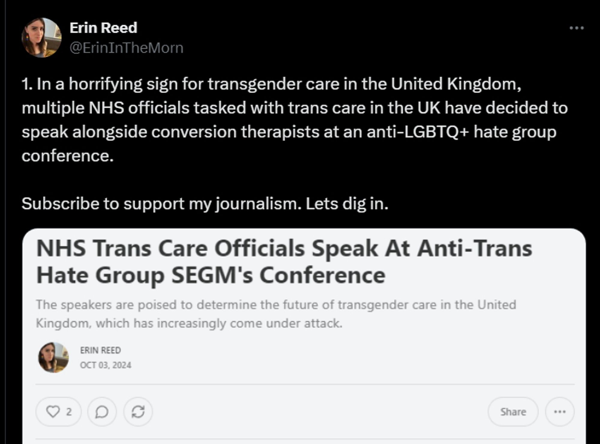 From Erin Reed's Twitter:

"In a horrifying sign for transgender care in the United Kingdom, multiple NHS officials tasked with trans care in the UK have decided to speak alongside conversion therapists at an anti-LGBTQ+ hate group conference."