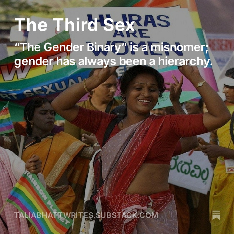 A desi woman at a protest, framed by rainbow flags and wearing a red saree, holds up a sign that says "Hijras Are Women".

It is the cover image for Talia Bhatt's essay "The Third Sex", subtitled: "'The Gender Binary' is a misnomer; gender has always been a hierarchy."