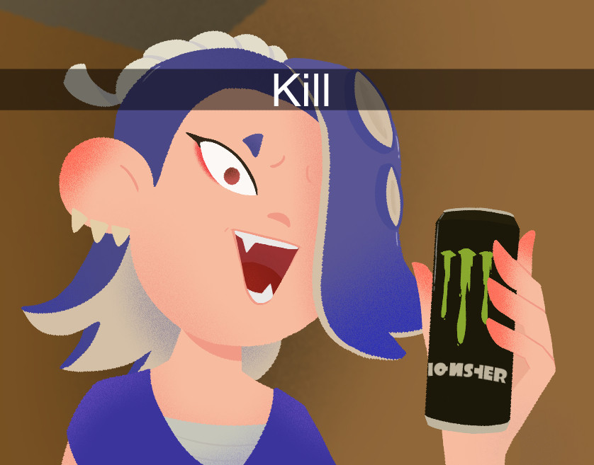 shiver holding up a monster energy drink with the word "kill" above her