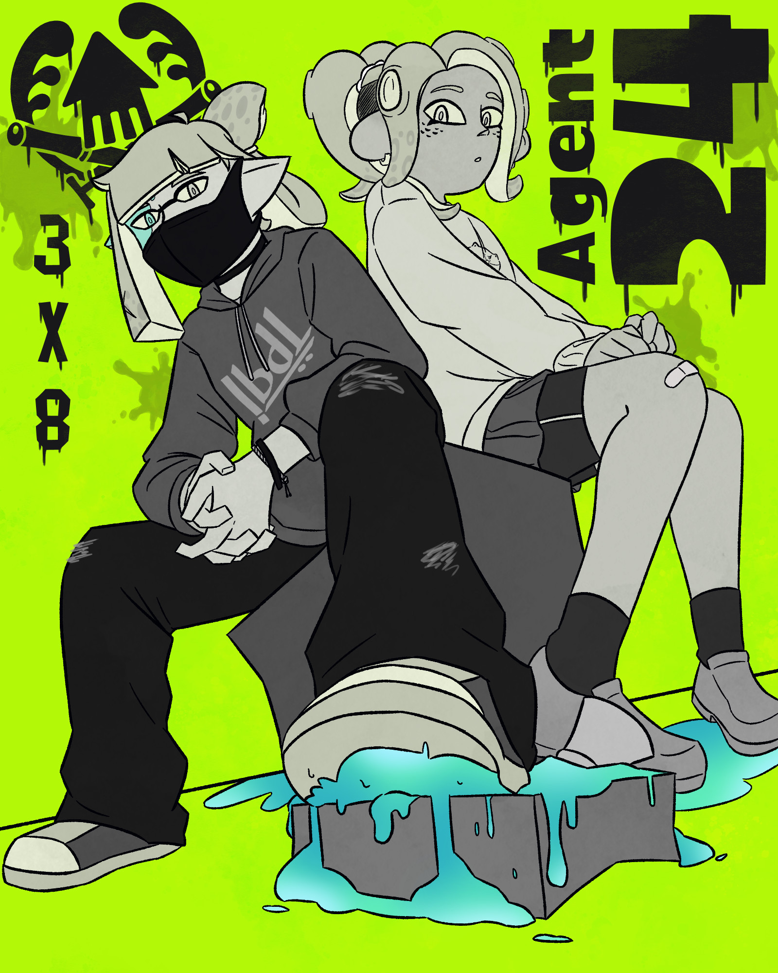 agent 3 (captain) and 8 drawn as the manga cover of "the guy she was interested in wasn't a guy at all." 3 is stepping on commander tartar.