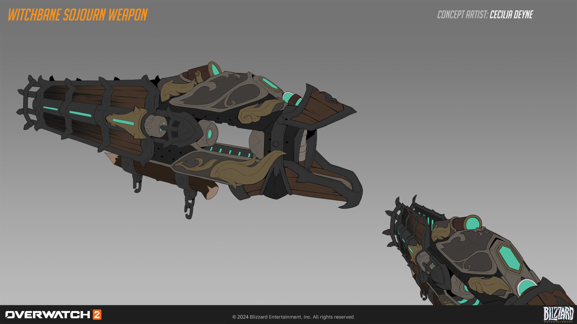 Concept art of Witchbane Sojourn's weapons from Overwatch 2 showing two views of her railgun.