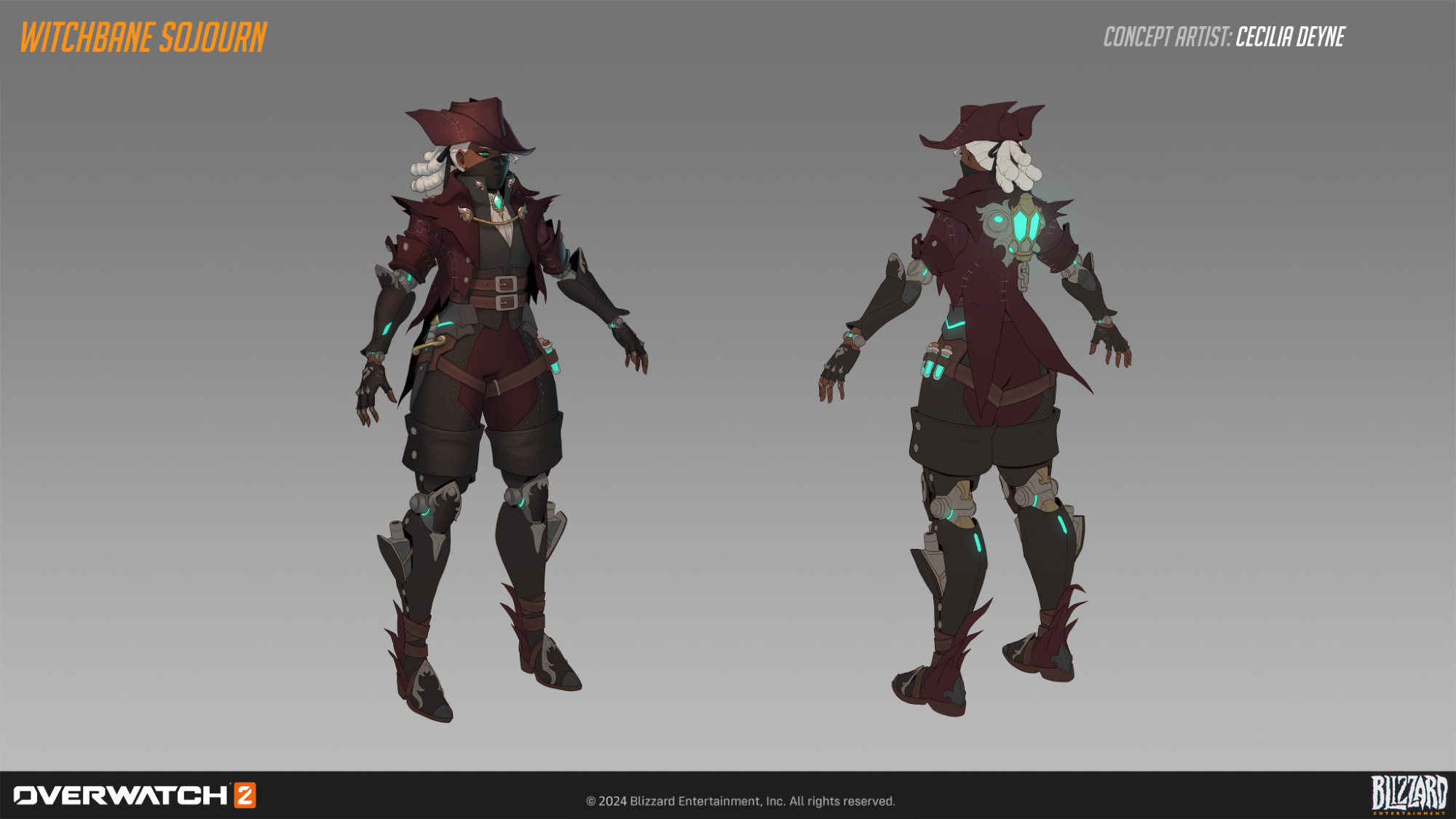 Concept art of Sojourn's Witchbane skin from Overwatch 2. The front and back of the hero are shown.