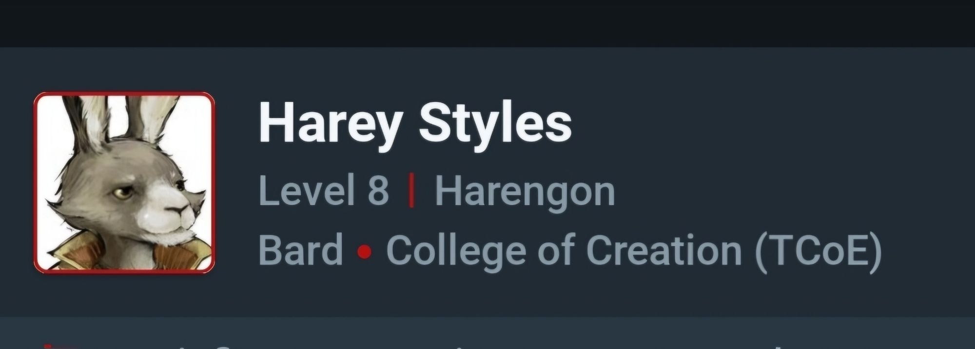 DnDBeyond screenshot - Harengon Bard named Harey Styles.