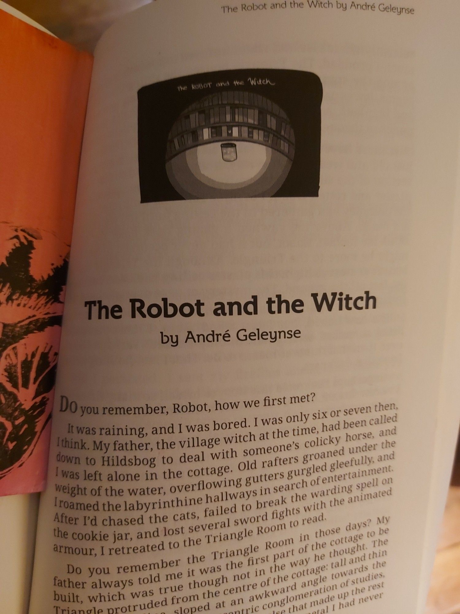 The book opened to my story page: "The Robot and the Witch" by André Geleynse. When the issue arrived in the mail, the bookmark and sticker were at my story's page; a lovely touch!