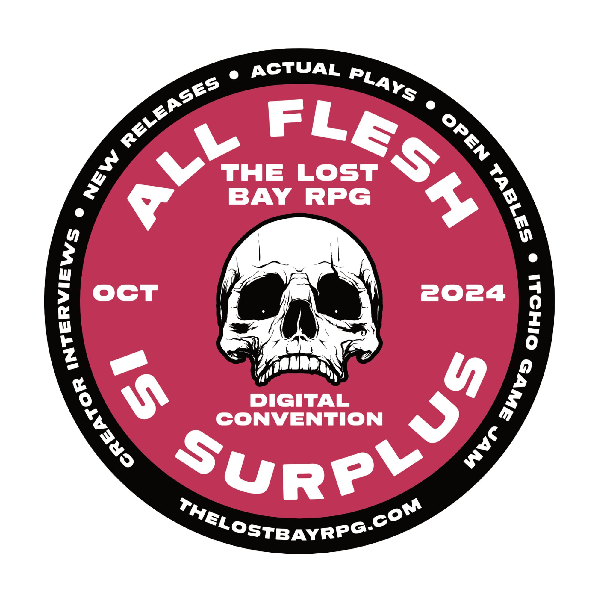 All Flesh is Surplus logo, skull on magenta disc