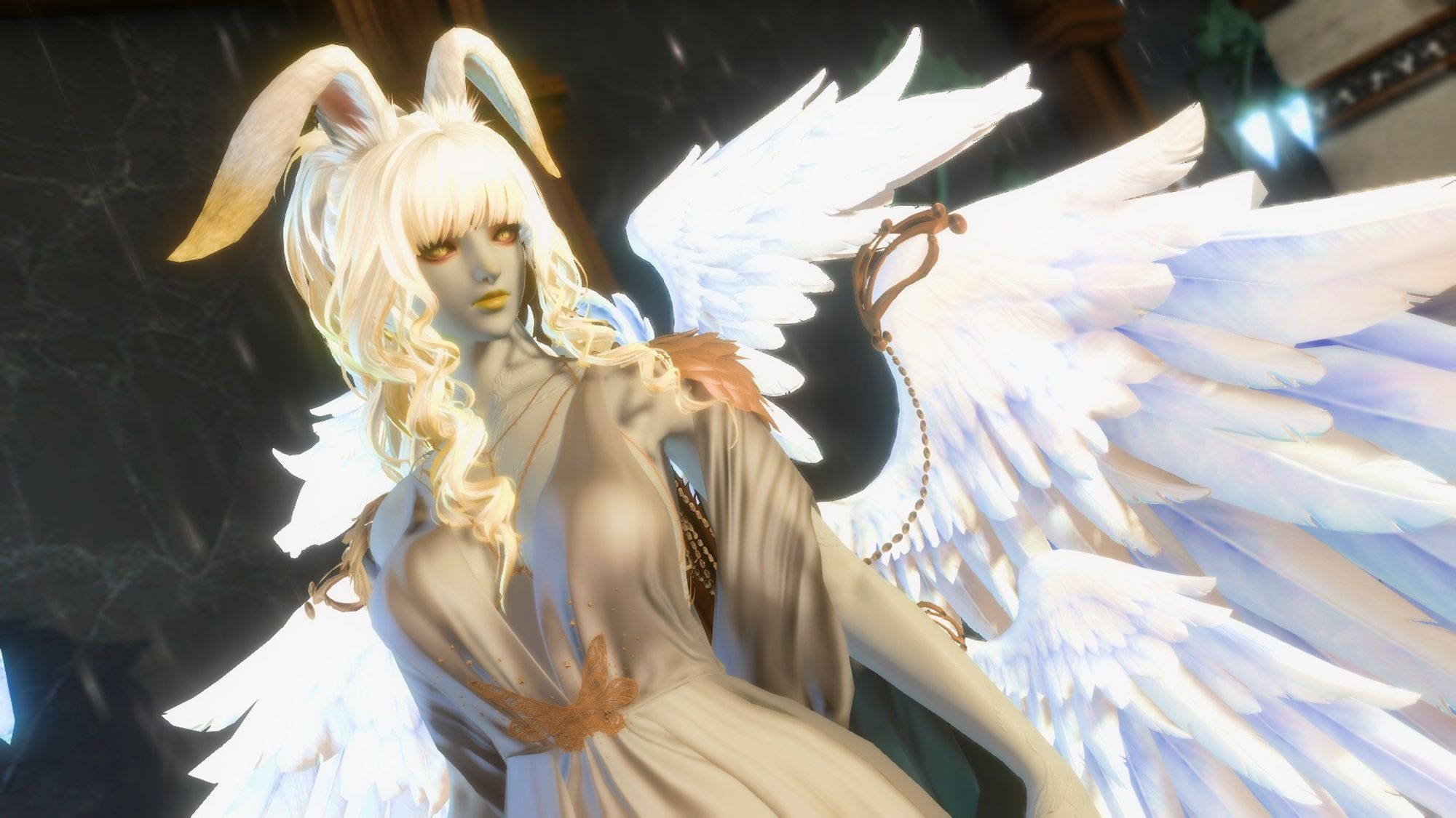 Lightwarden Karrina:
Shining white wings. Shimmering white and gold hair. Pale ivory skin with white scales. Golden lips and eyes. Dressed in a long white dress with golden jewelry for accents.