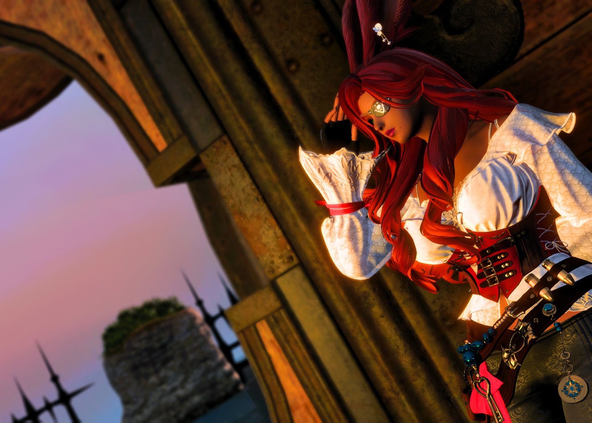 Irisia dressed in a white blouse with a red corset and dark leather pants, gazes out the side of the ship as the sun sets. She has an eye patch over her left eye.