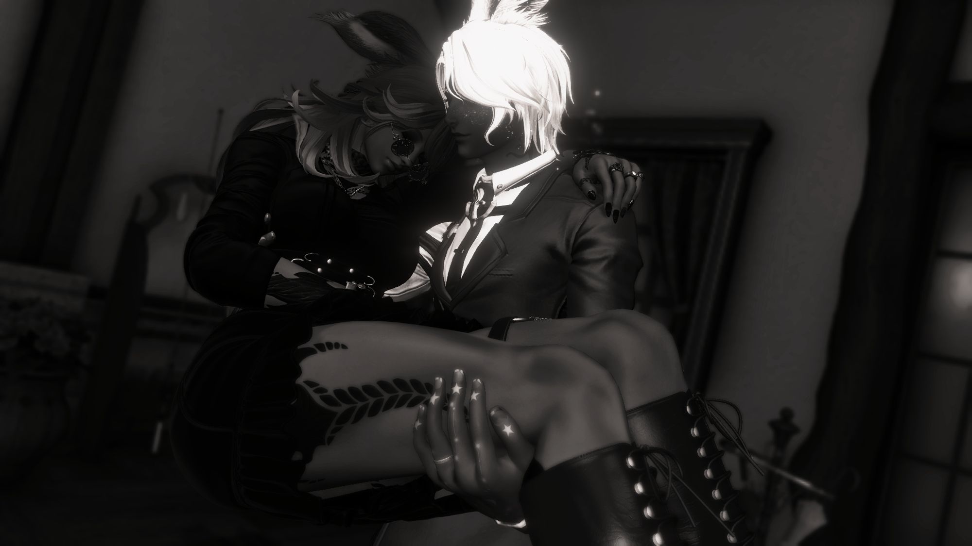 (A very similar Black and White version of the other image.)

Hean, fresh home from work, finds an exhausted Irisia waiting for him after her own long day. He decides to carry her off to bed in his arms, the tired dragoness falling asleep in his comforting arms shortly after he starts on his path.

Irisia is dressed in her dark blue short jacket with nearly full length sleeves, a short dark blue leather skirt and under-the-knee black leather boots. Her hair is red, akin to flames and her body has some of her black scales showing on her thighs and forearms. Irisia's skin is a deep tan.

Hean is dressed in a fancy suit, with a blue jacket, white dress shirt, a blue tie with a golden tie accessory over the knot, black slacks, and black dress shoes. He has bright white hair with hits of gold and deeply tanned skin that has star markings upon it.