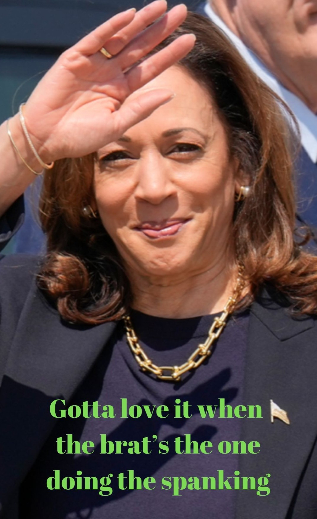 A picture of Kamala Harris with her hand raised. 

The text says Gotta love it when the brat's the one doing the spanking.