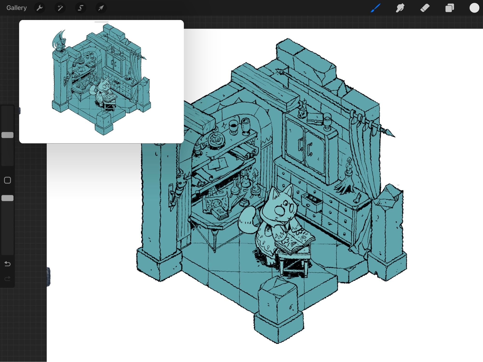 a screenshot from the app Procreate showing an isometric digital ink drawing of a necromancer’s working area. the necromancer themself is channeling a spell from an open book in the center of the room. they’re also a cat.