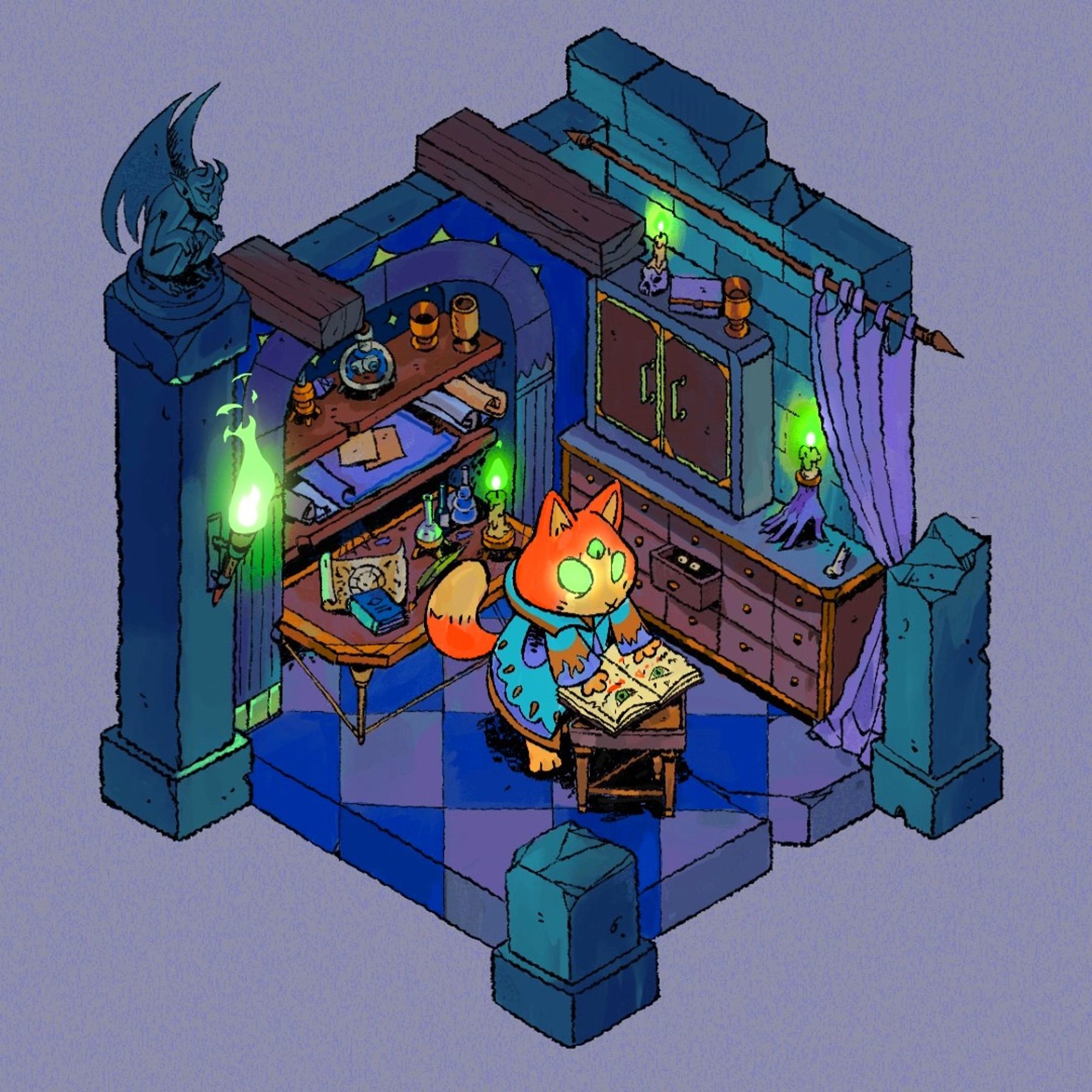 isometric drawing of a cat necromancer's study.