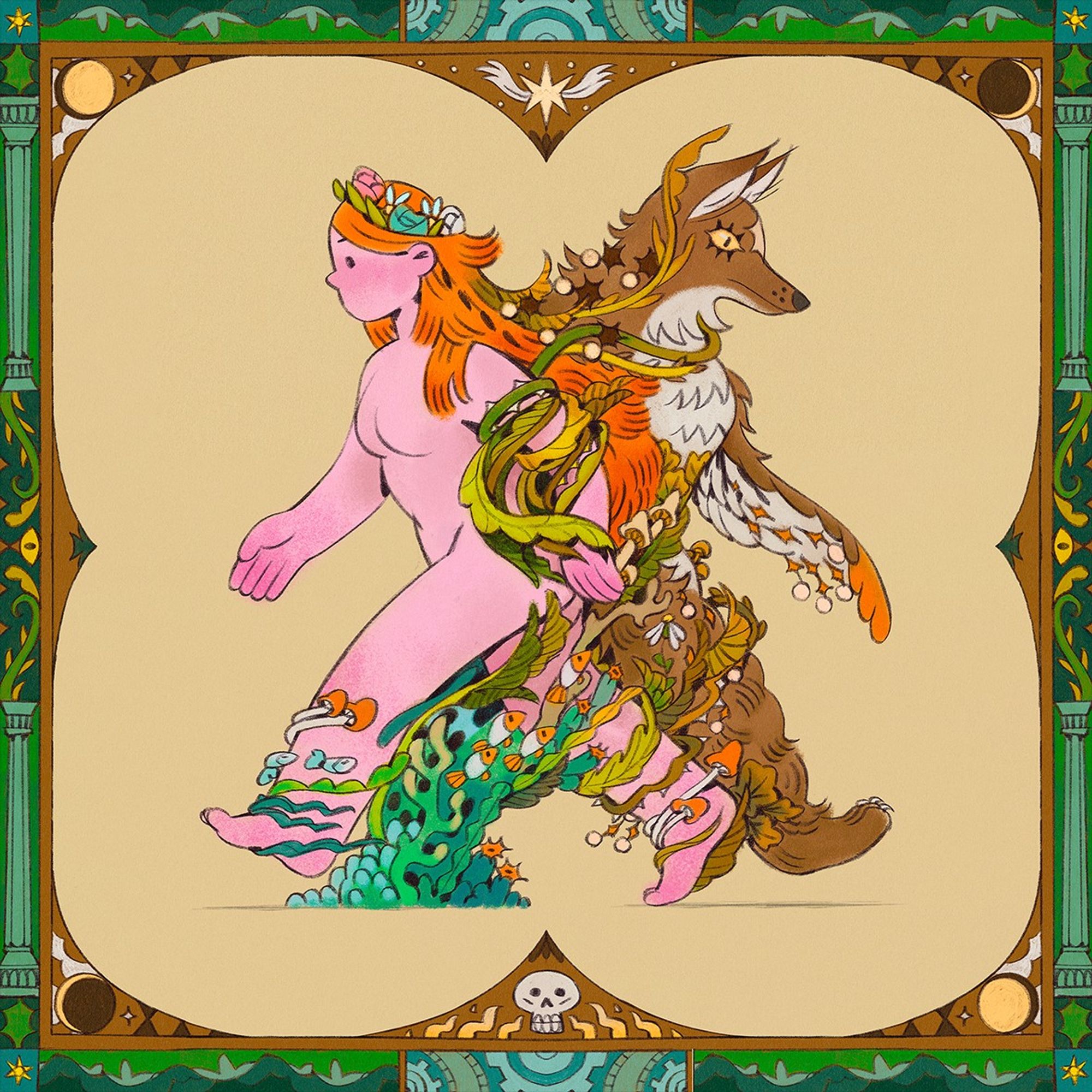 a stylized illustration of two figures walking in opposite directions and intersecting in various points. one figure is female presenting, naked with a crown of flowers on her head of read hair. the other is an amalgamation of animal, plant and sea life that seems to have been assembled intro an antropomorphic character. there is an illustrated frame around the figures depicting various elements from the human and natural world.