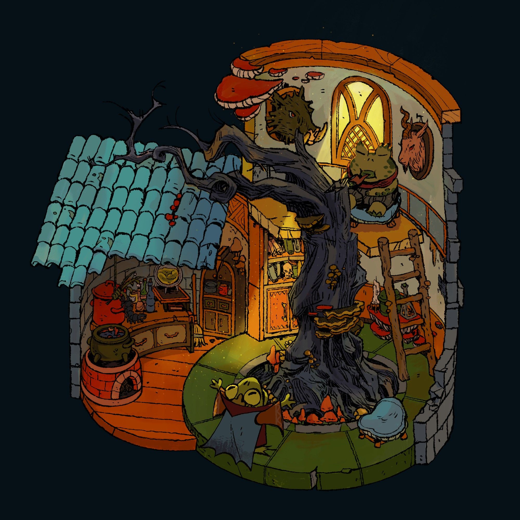 an isometric illustration of a fantasy cottage interior. an old blackened tree dominates the main space, a small circular kitchen takes up room in an alcove covered with a blue tiled roof. various types of fungi grow in corners, nooks and crannies. two stuffed animal heads frame a window through which warm sunlight filters in. two amphibian looking characters are seen, one sitting on a stool next to the window, smoking a pipe. the other looks to be worshipping the tree on the ground floor. the color palette is warm, lots of browns, oranges and yellows with accents of teal, blue and green.