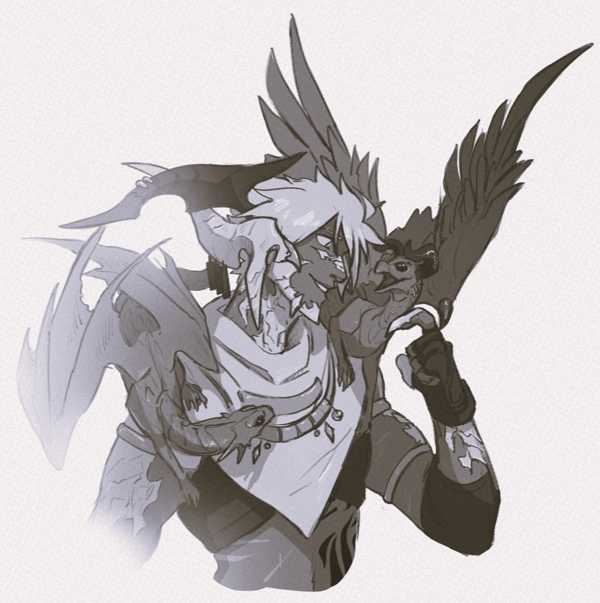 An au ra with two small dragons on his shoulders, one is nondescript, and the other, Azdaja.