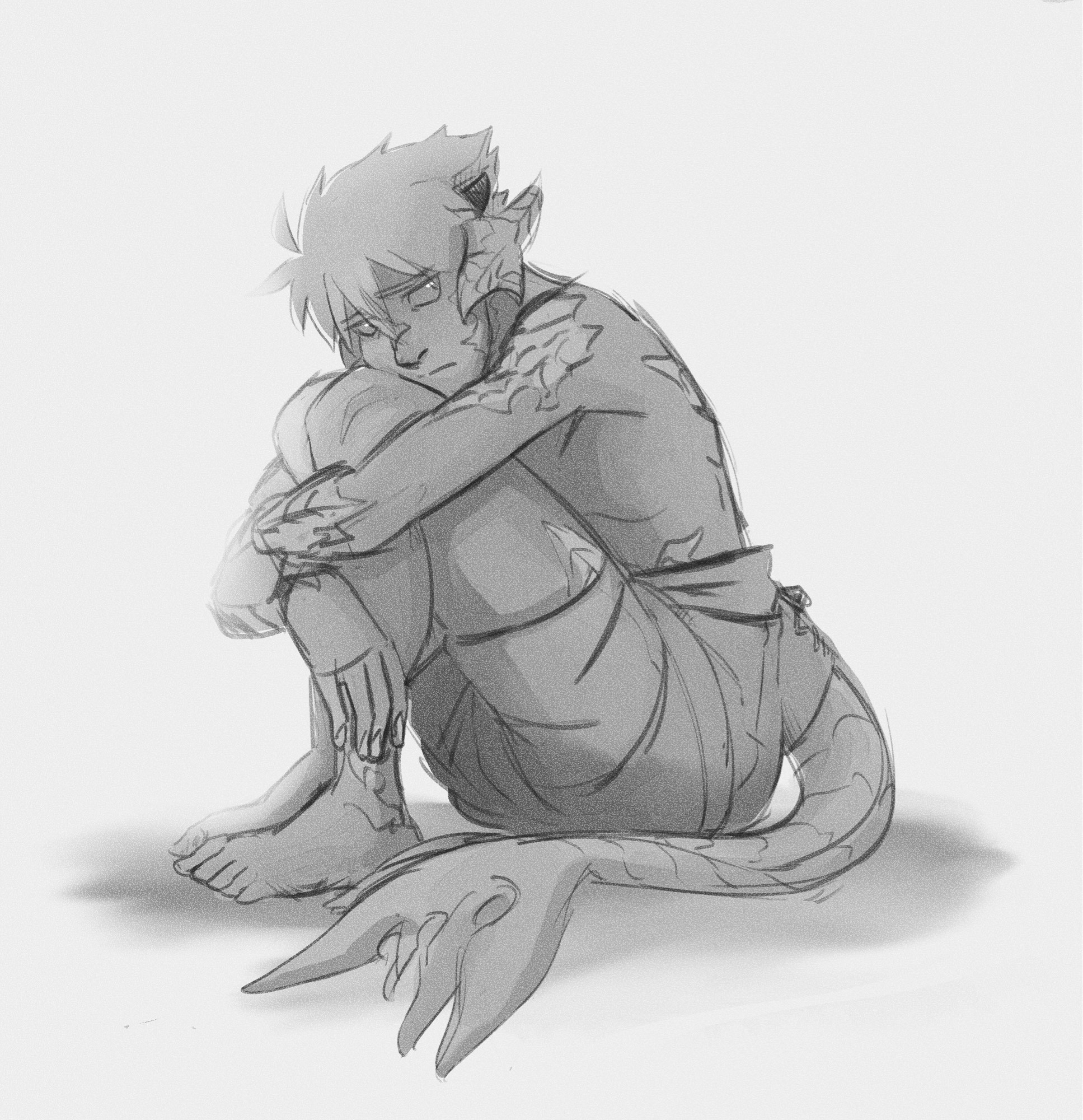 a picture of a young auri boy (Ridel) sitting alone on the ground as he hugs his knees.