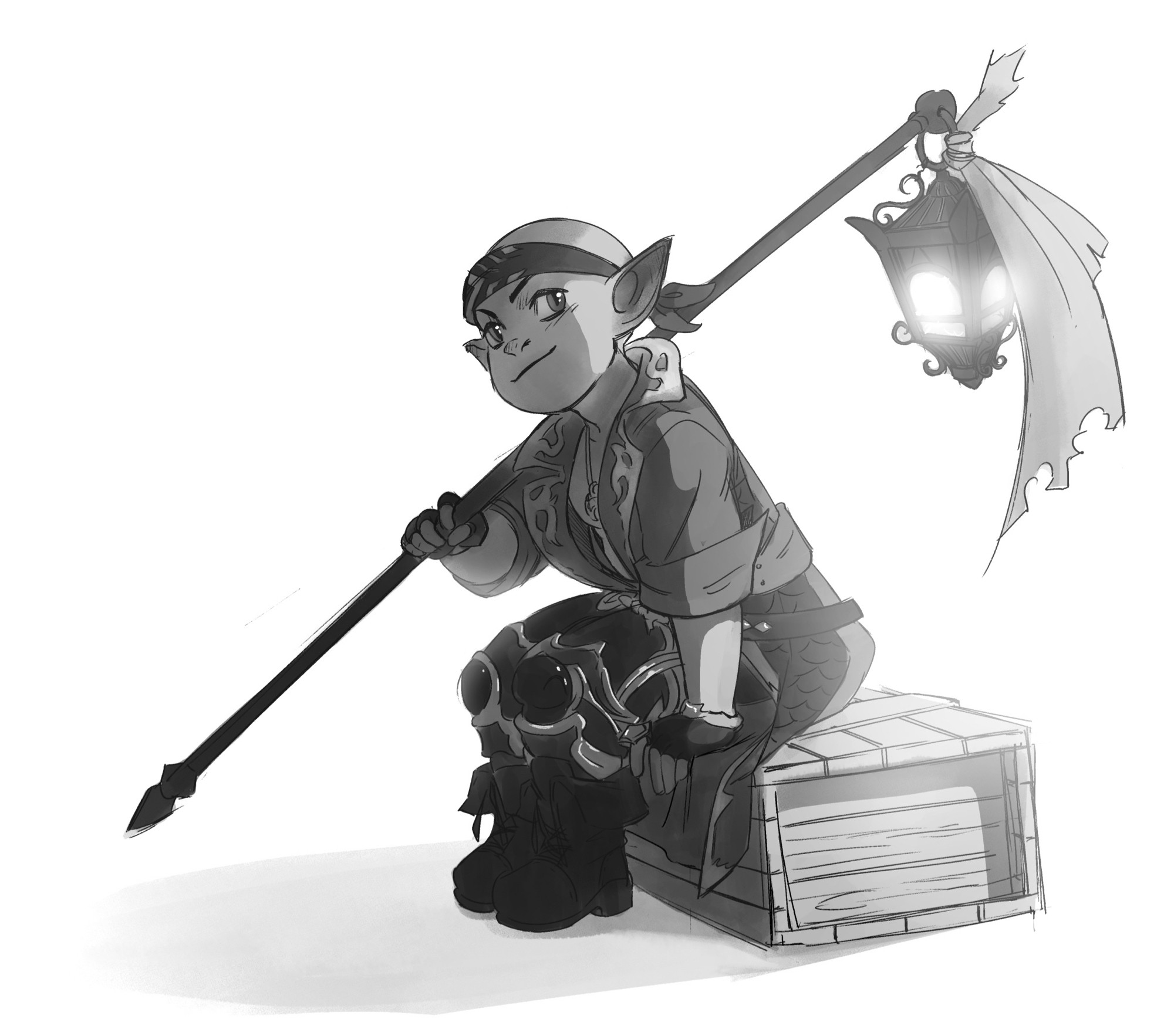 A lalafellan man sitting on a wooden crate. He holds a Black Mage staff in his hand. he is carefree.