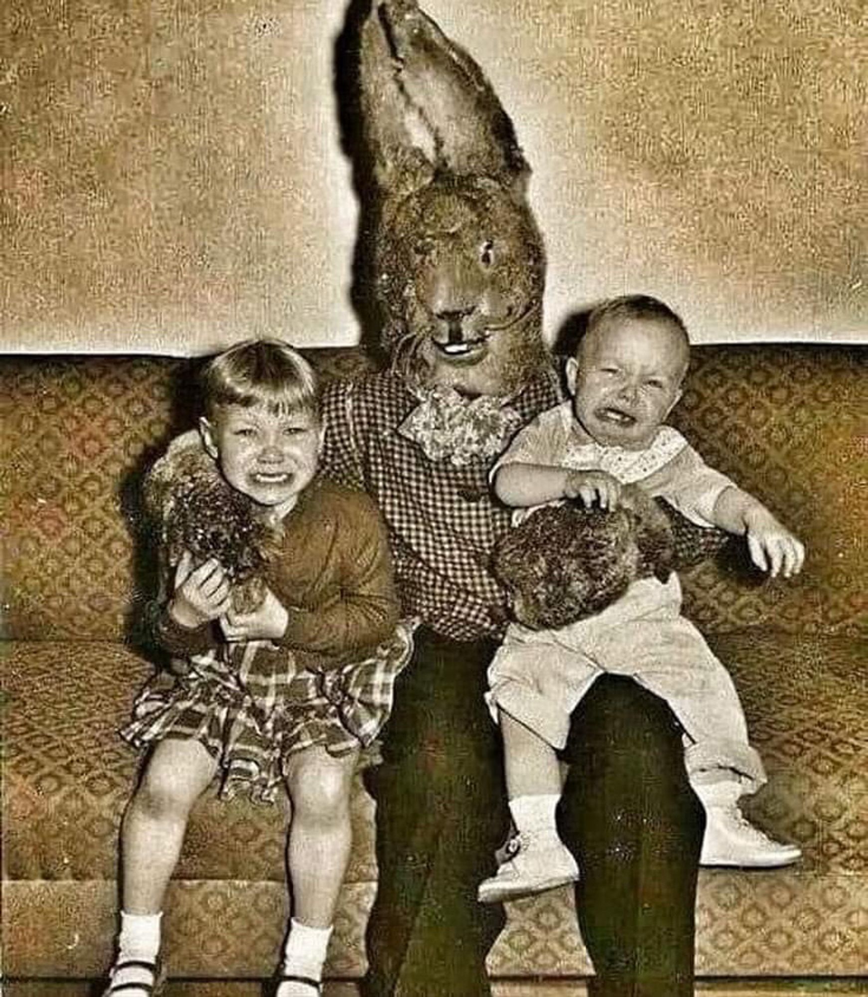 Totally fucking scary rabbit costume terrifying two young kids at Easter.