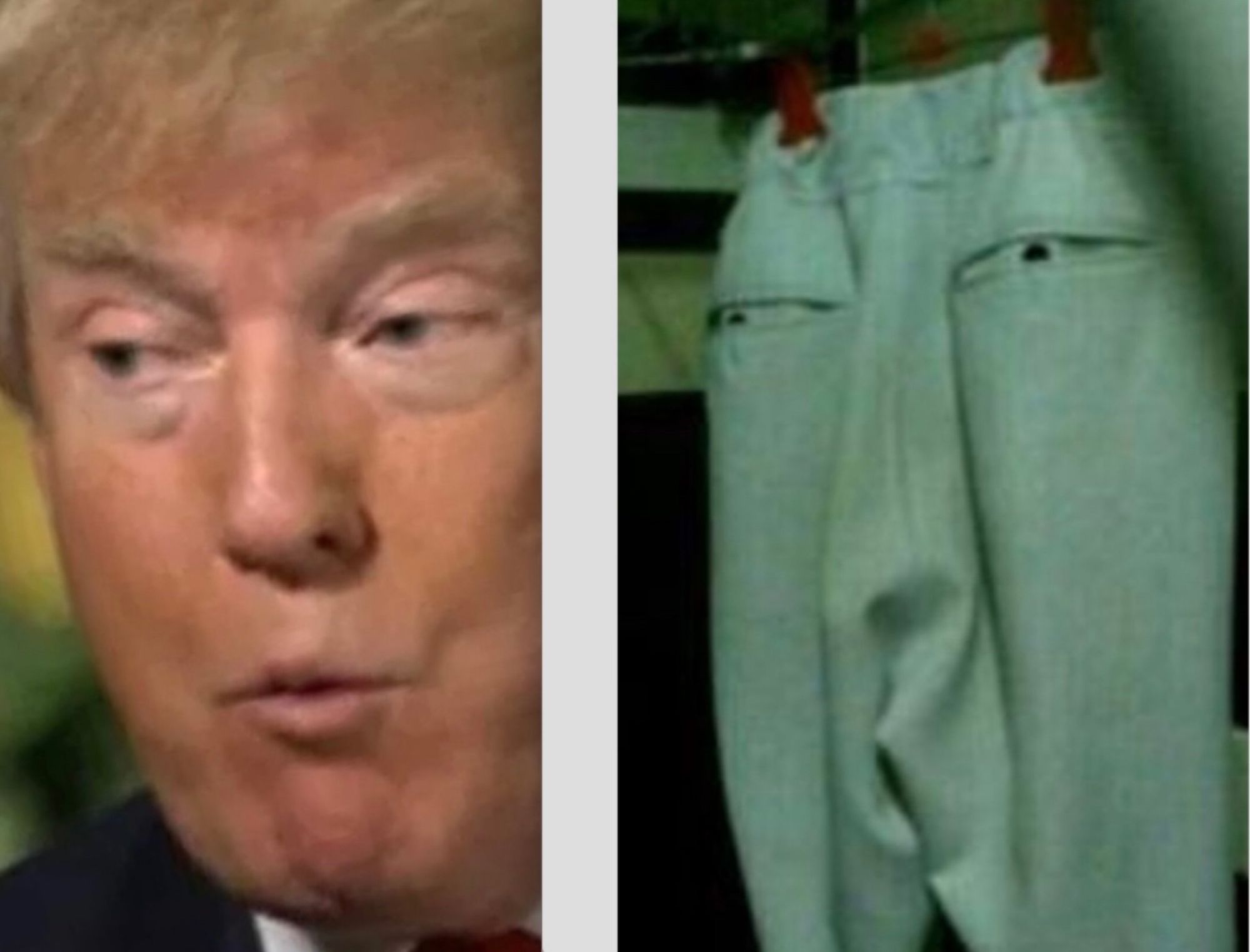 Donald Trump, with narrow eyes, making a strange mouth shape next to a pair of trousers that looks remarkably like him