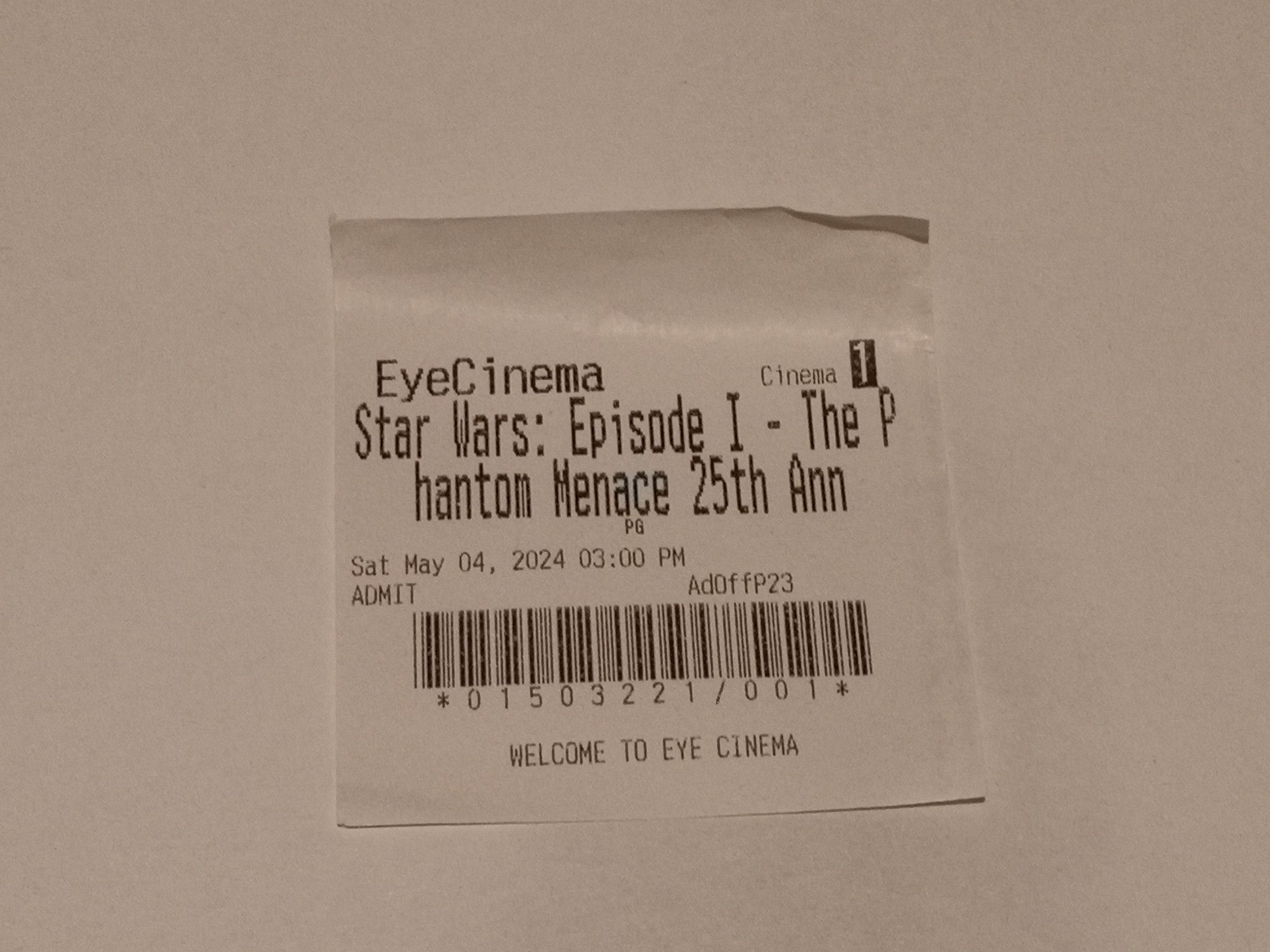 A ticket for Star Wars : Episode 1 - The Phantom Menace.