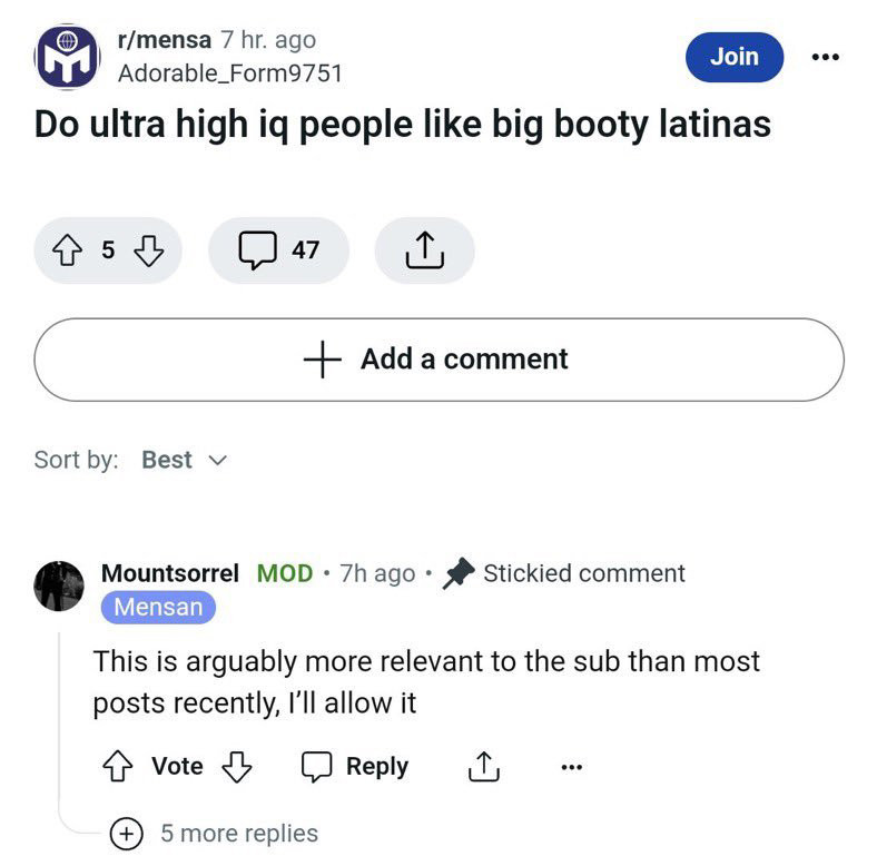 r/mensa 7 hr. ago
Join
Adorable_Form9751
Do ultra high iq people like big booty latinas

Mountsorrel MOD • 7h ago • * Stickied comment
Mensan
This is arguably more relevant to the sub than most posts recently, I'll allow it