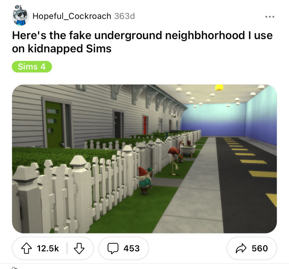 Hopeful_Cockroach 363d
Here's the fake underground neighbhorhood I use on kidnapped Sims
Sims 4