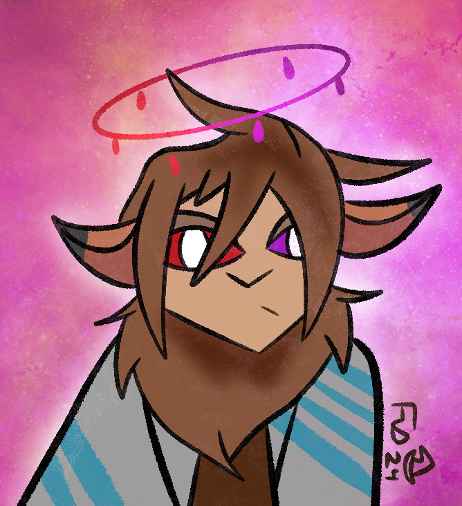 A sphinx character with brown hair, maned wolf ears, a grey jacket with blue stripes, and a red and purple dripping halo