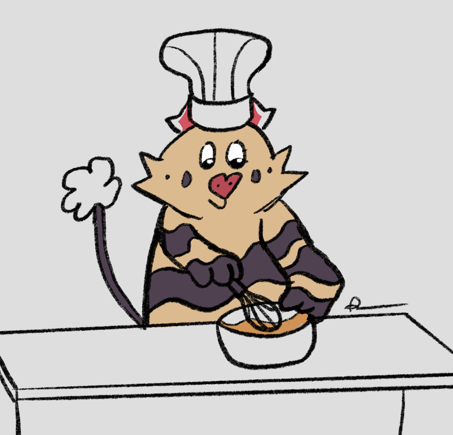 Diggum from Beastieball, wearing a chef hat and whisking a bowl full of cake batter