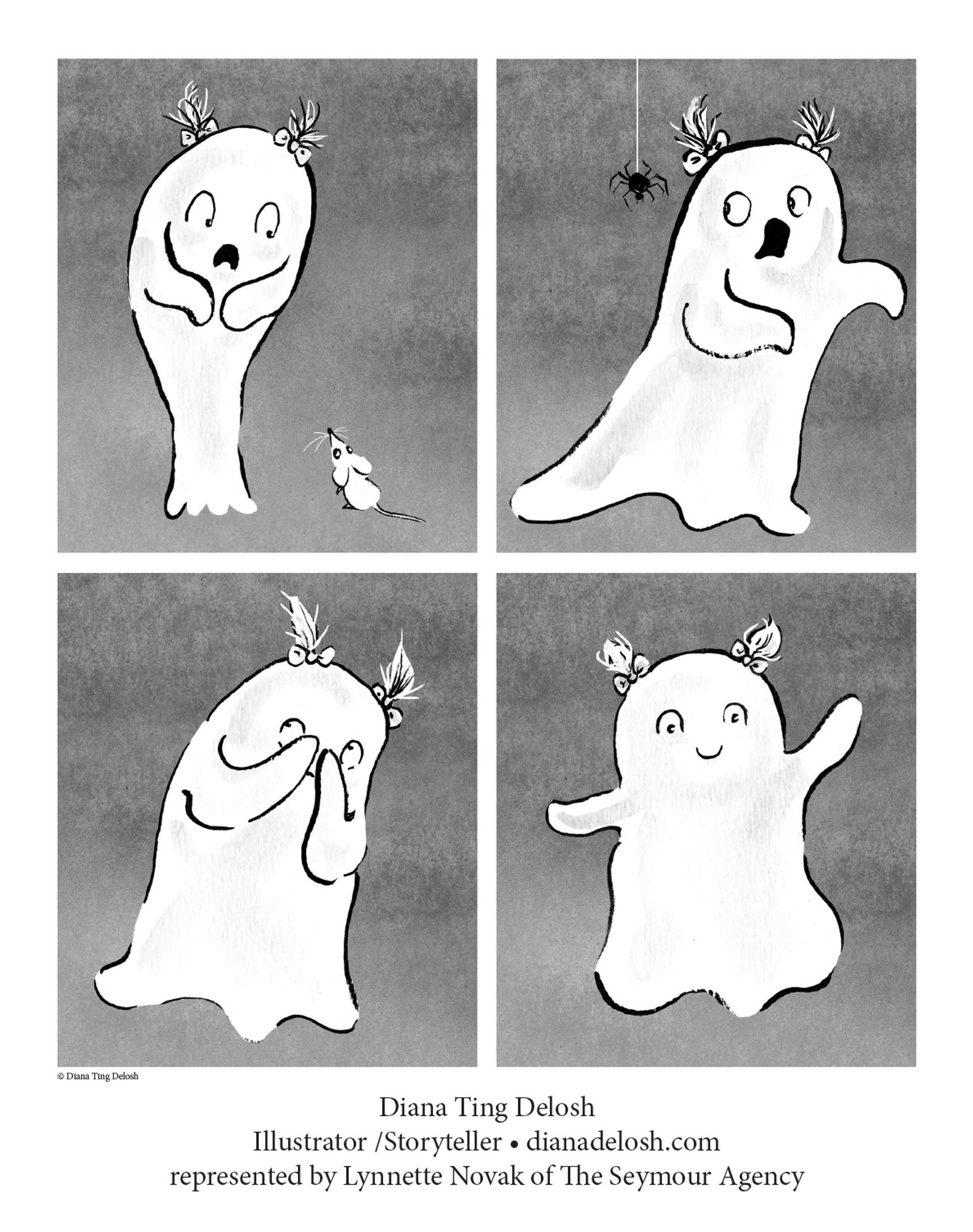 Showing 4 iink and wash illustrations of a sweet cute ghost character, sporting 2 twin pigtails that is a scaredy ghost. ©Diana Ting Delosh Diana Ting Delosh Illustrator / Storyteller • diana delosh.com represented by Lynnette Novak of The Seymour Agency