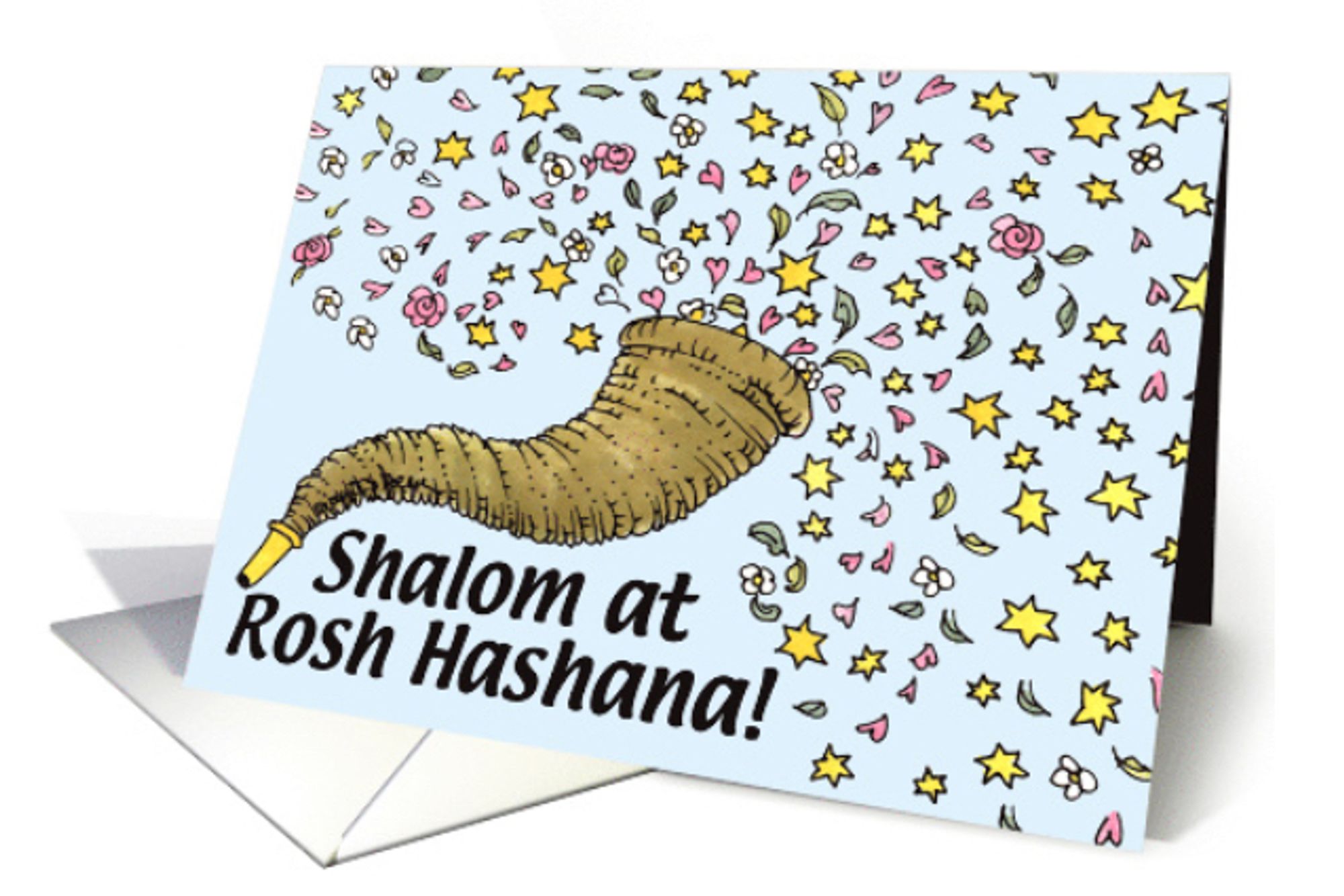 The front of a greeting card featuring my illustration of a shofar spouting stars, hearts, flowers, leaves. The words: "Shalom at Rosh Hashana! are below the shofar.