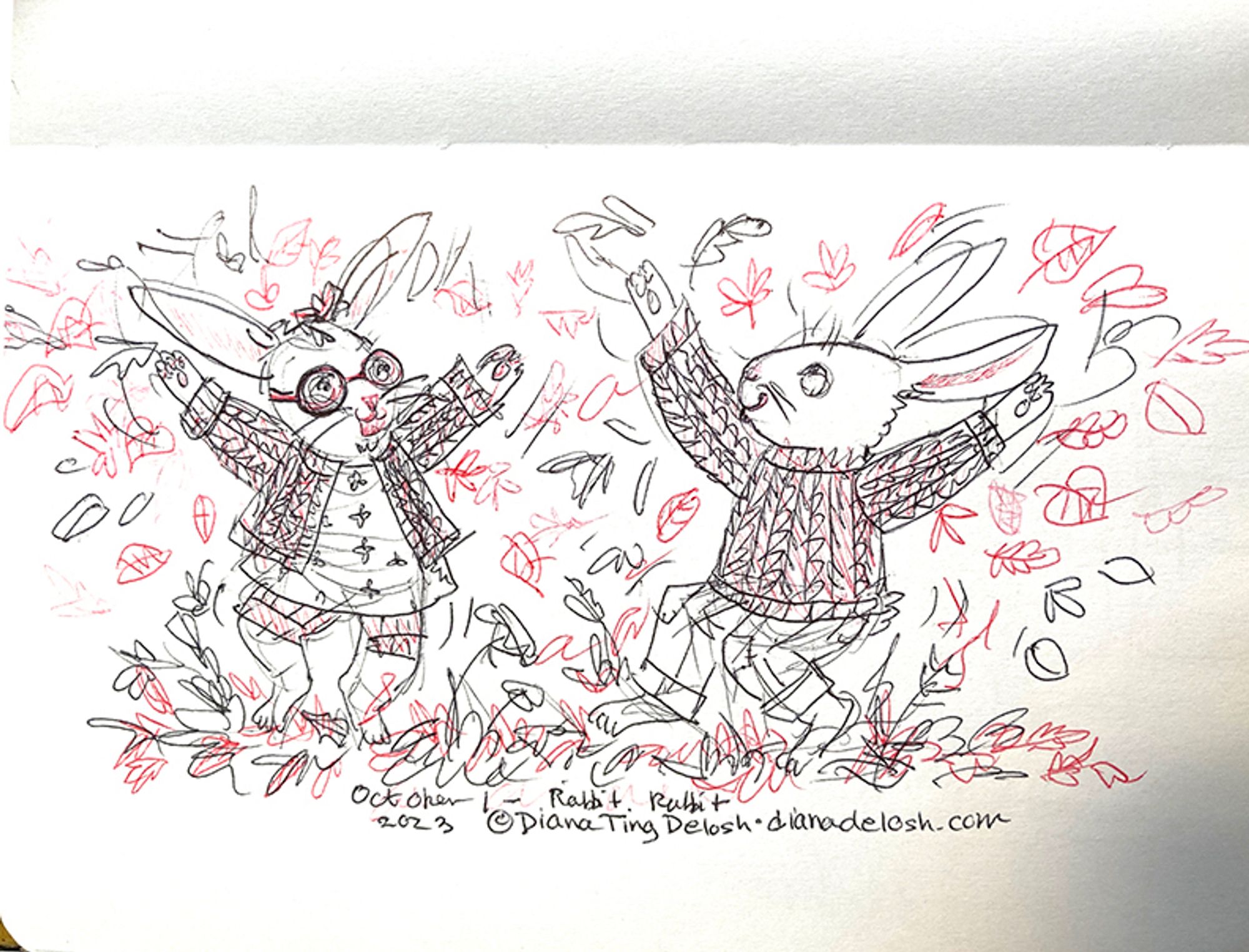 a red & black ball point pen sketch of 2 anthropomorphic rabbits dancing in the autumn leaves. Text reads: October 1, 2023. © Diana Ting Delosh • dianadelosh.com