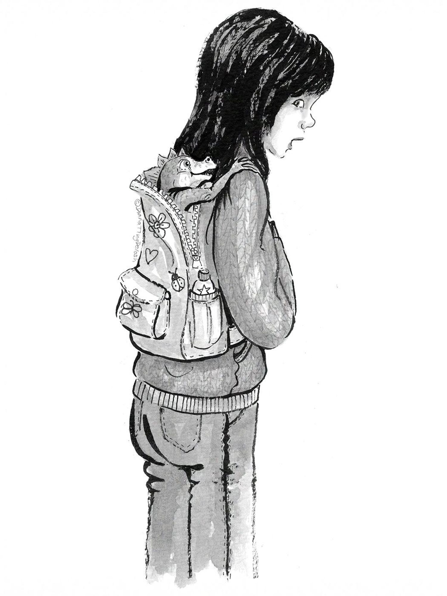 this image is my ink and wash, greyscale illustration of a side view of a girl with a back pack on her back. A small dragon is peeking out of her backpack and tapping her on the shoulder. The girl has a startled expression. She is dressed in jeans and a sweater