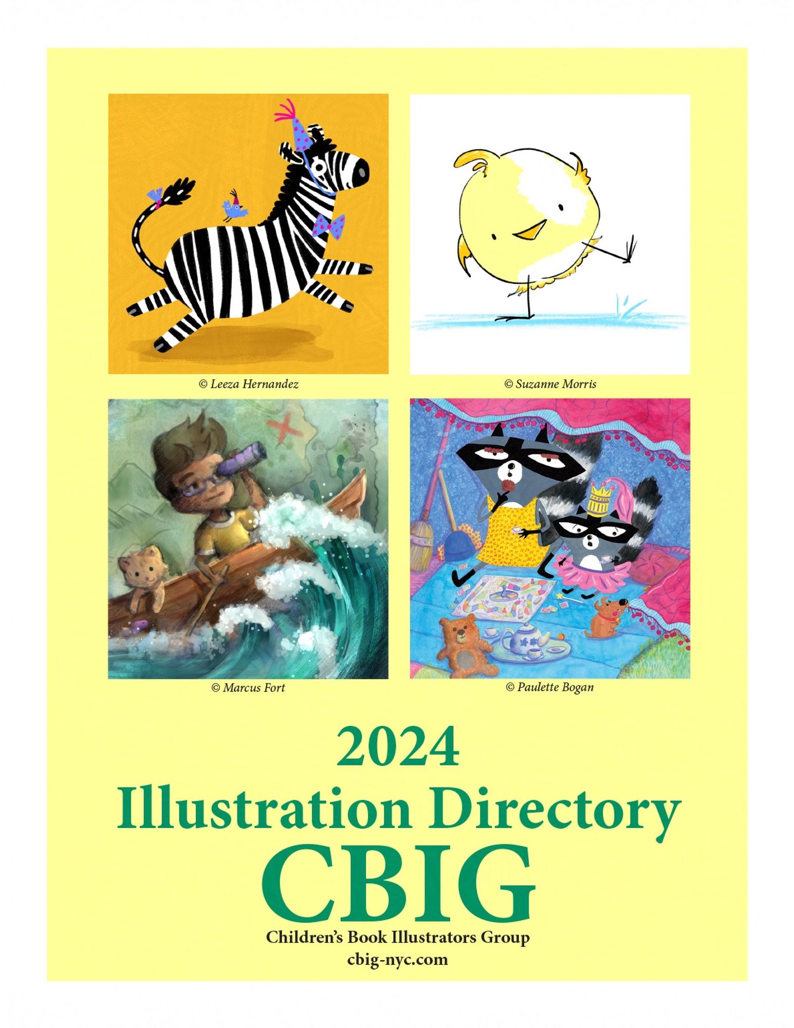 Image of the 2024 CBIG Illustration Directory cover. On the cover are 4 illustrations from illustrators: Leeza Hernandez -zebra prancing, Suzanne Morris - chicken, Marcus Fort - boy and cat in boat amongst big sea waves, Paulette Bogan - 2 raccoons snacking.