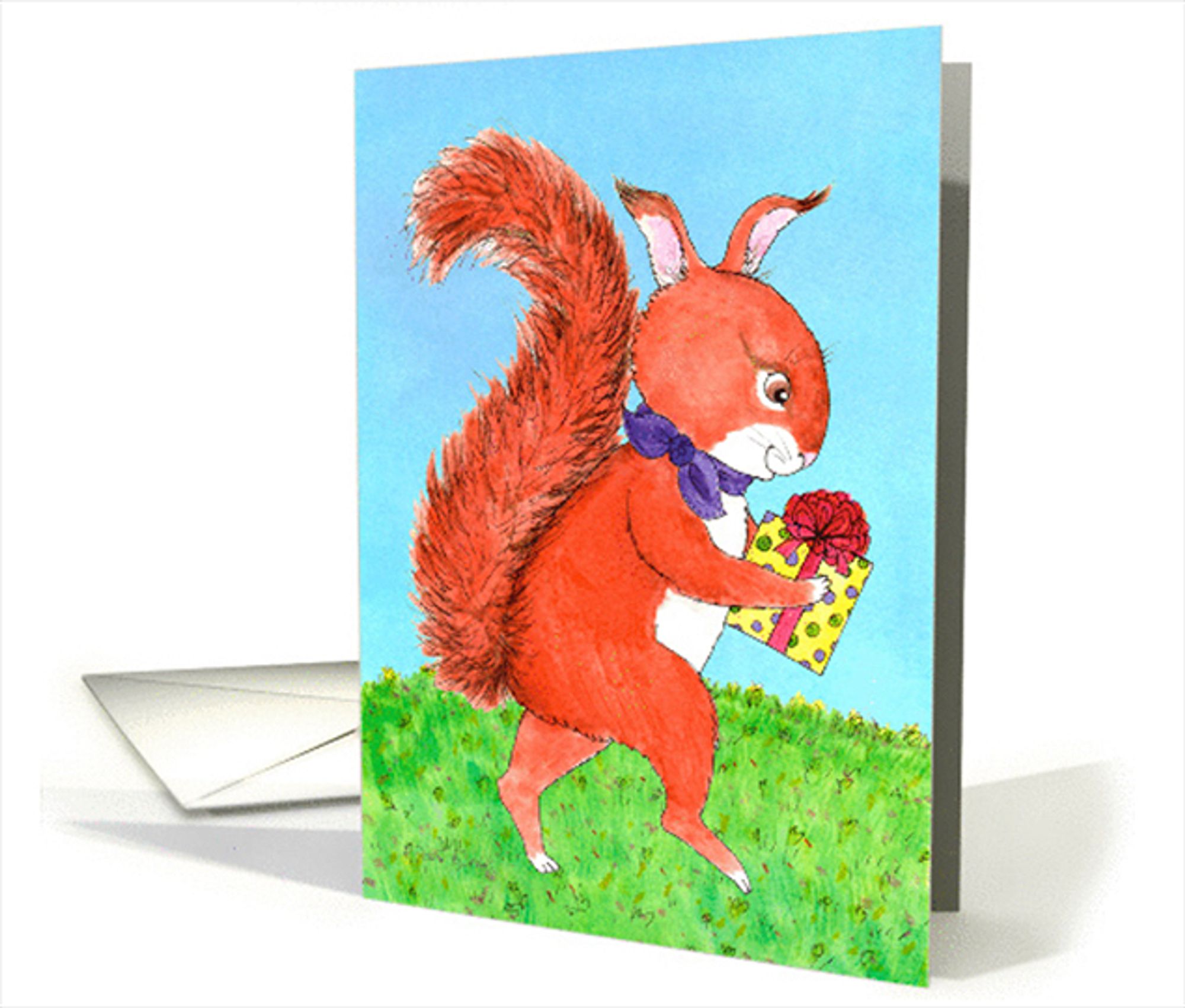 The front of a greeting card featuring my ink and watercolor illustration of a chubby red squirrel holding a wrapped gift and running on a patch of weedy grass against a bright blue sky.