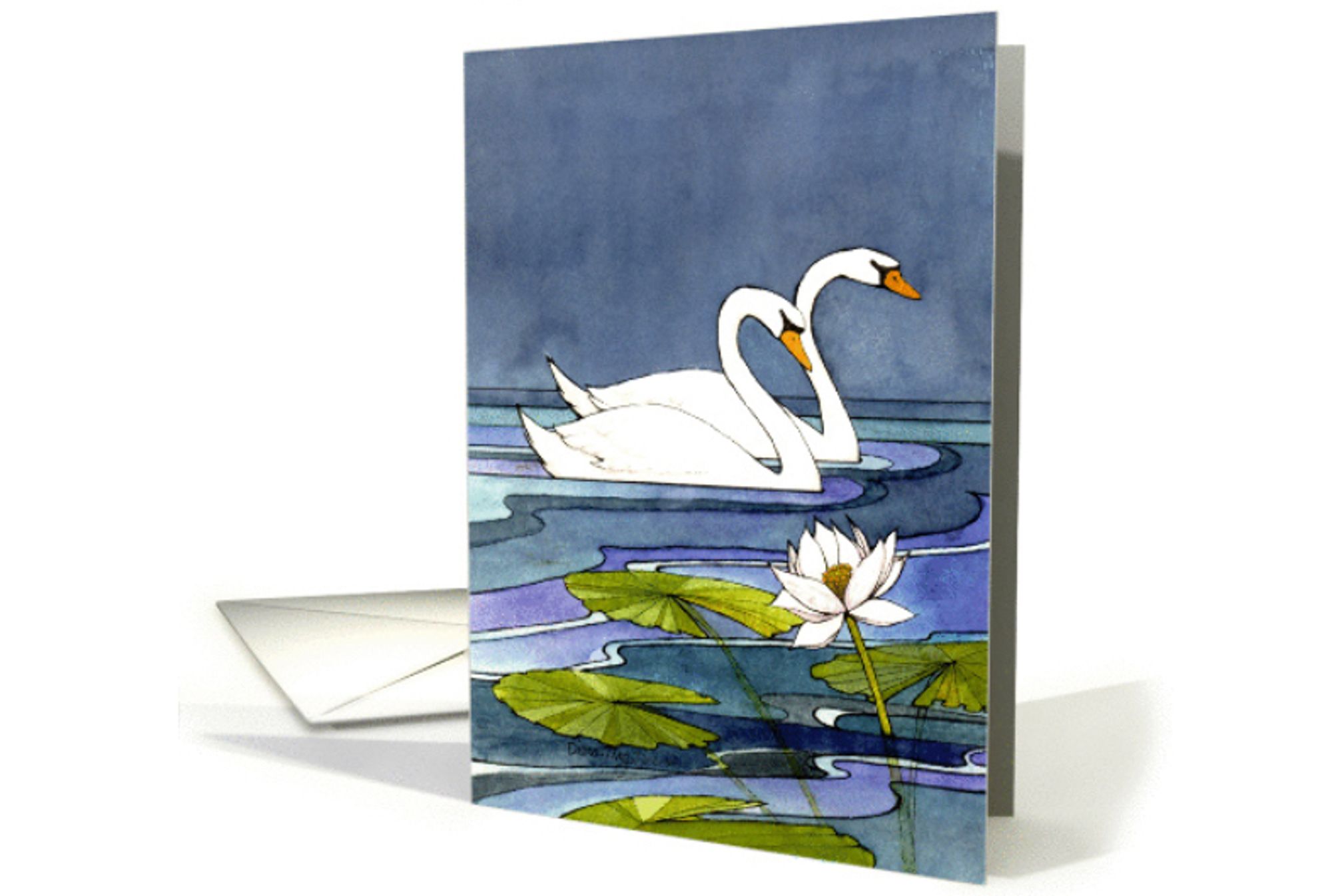 The front of a greeting card featuring my ink and watercolor illustration of a pair of swans in a lily pond at night. The art is inspired by art nouveau.