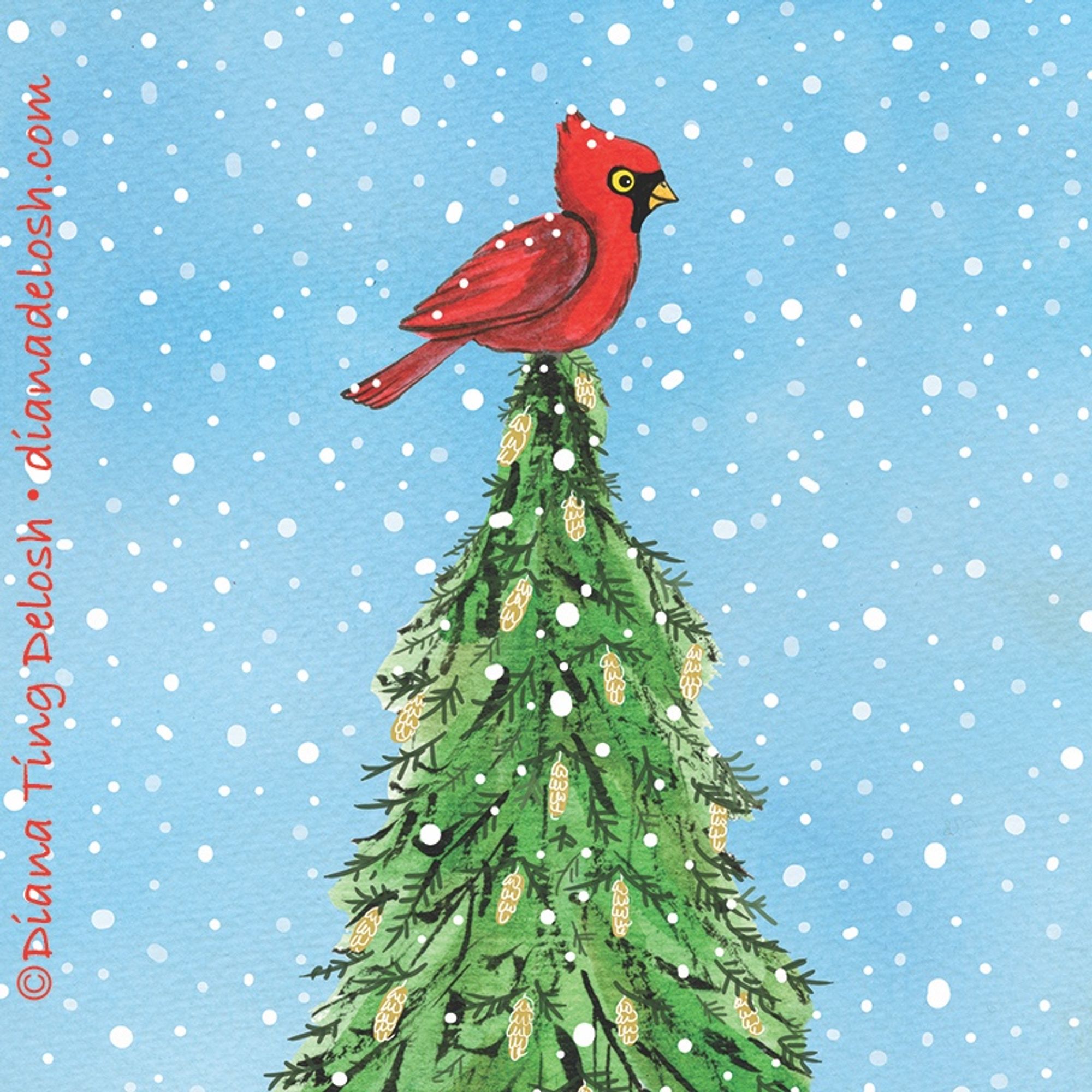 A square illustration of a red cardinal sitting on the tip of a pine tree during a snow storm.