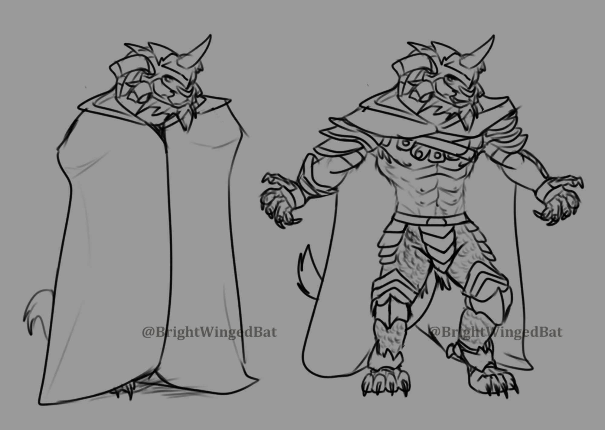 Sketch of an armoured charr. The first sketch shows him in a long covering cloak that only shows his head. The second sketch has his arms open and the cloak pushed back, showing off his bare muscular chest and abs.