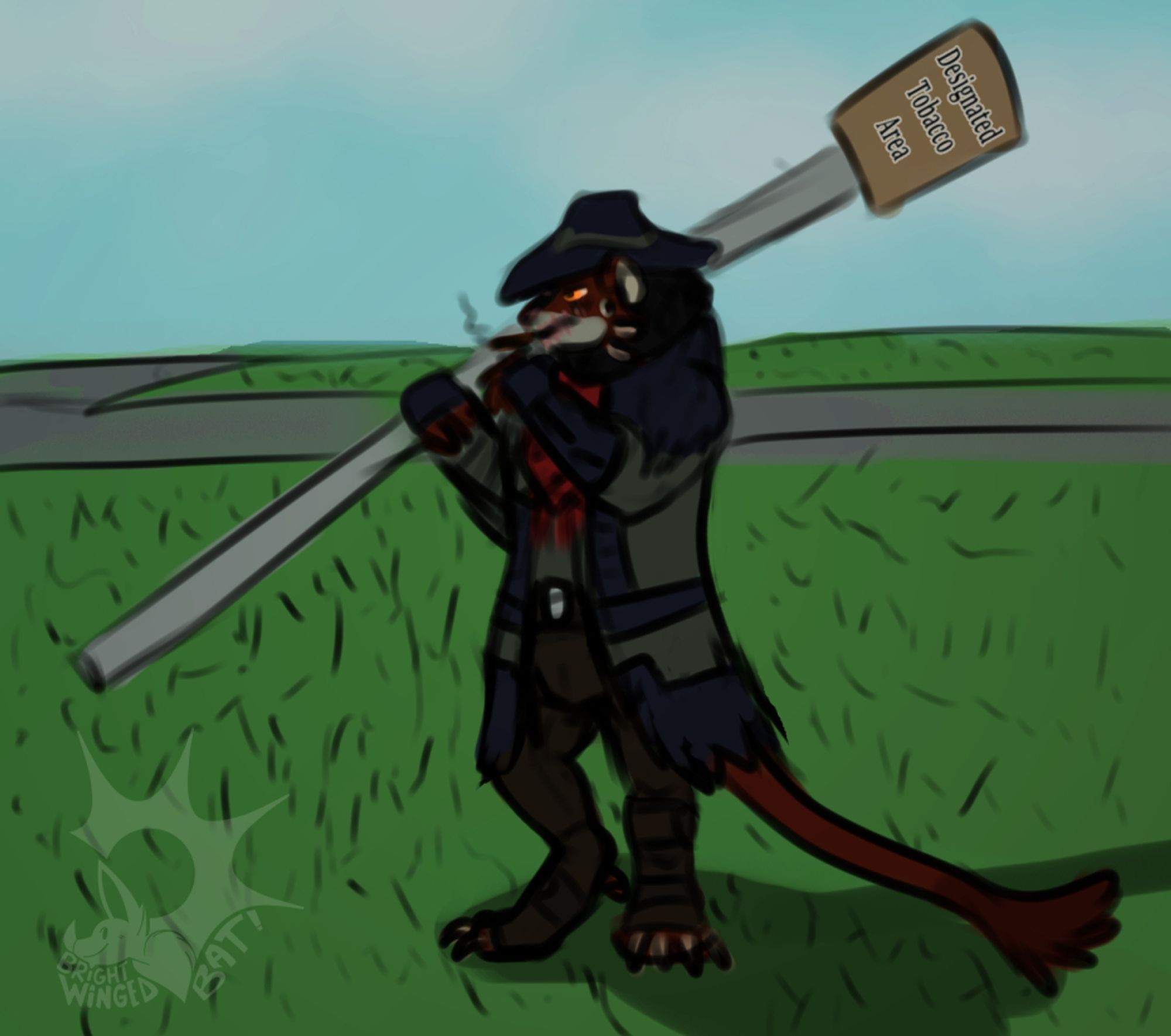 Sketch art of a rusty-furred male charr in dark coat and hat smoking in an open field holding a street sign over his shoulder that states "Designated Tobacco Area."