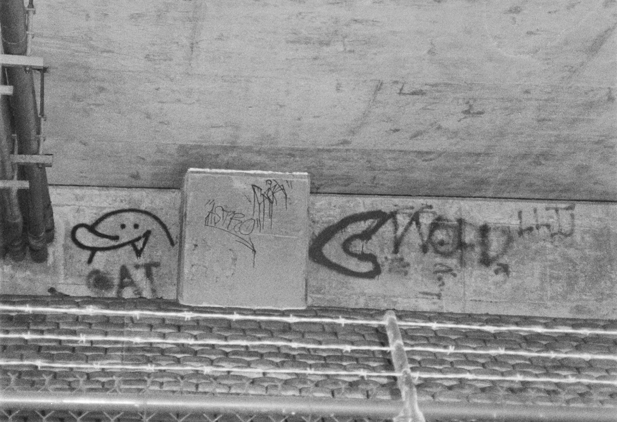 Graffiti on an underpass, on the left a little dude with a smile and a big nose, and on the right something that might say C Wold, or maybe C Word, hard to say