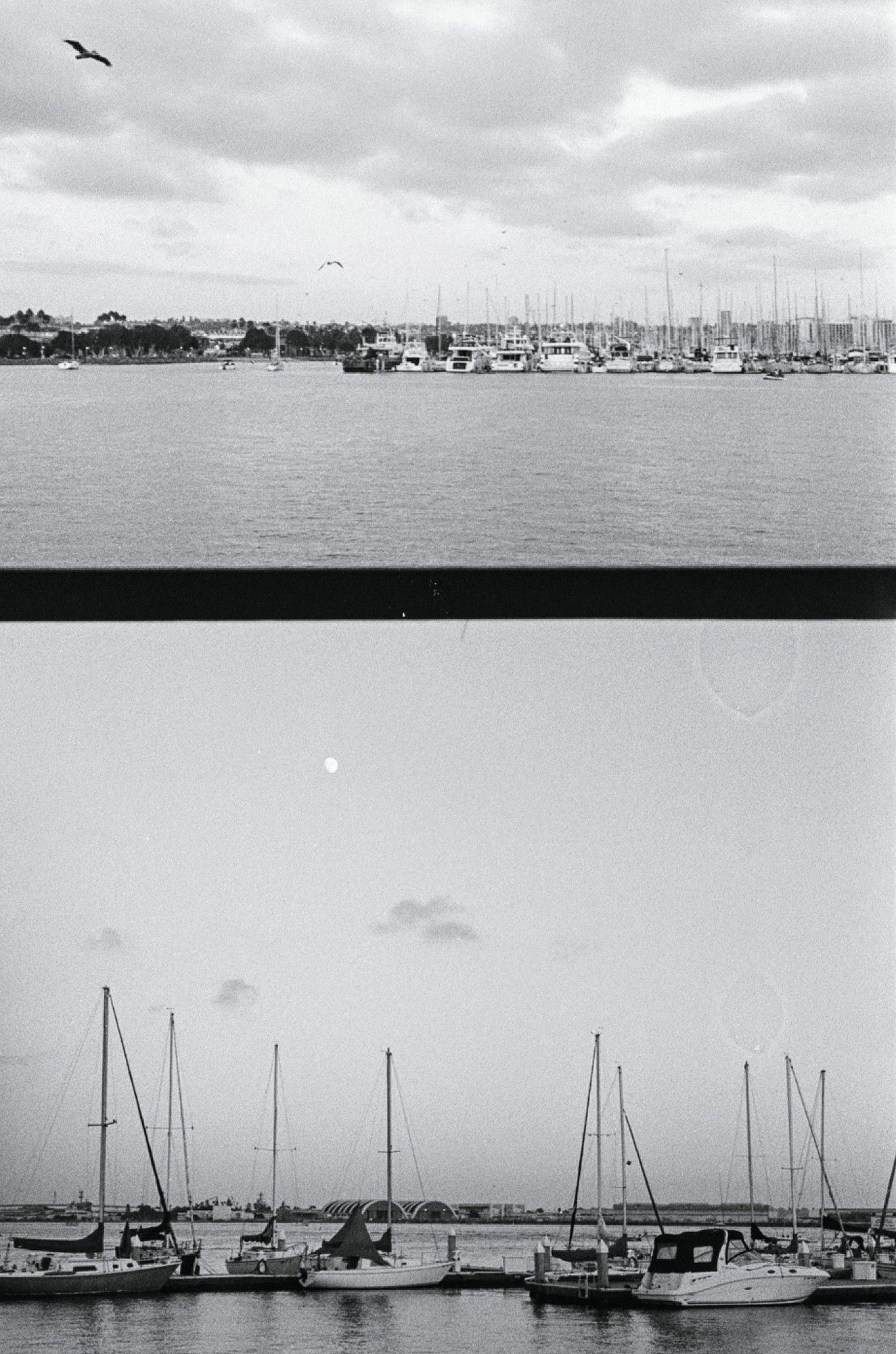 A horizontal half frame diptych in black and white. The top frame shows a bay with sailboats in the distance, clouds in the sky, and a bird. The lower frame includes a sailboats docked at dusk with a moon in the sky